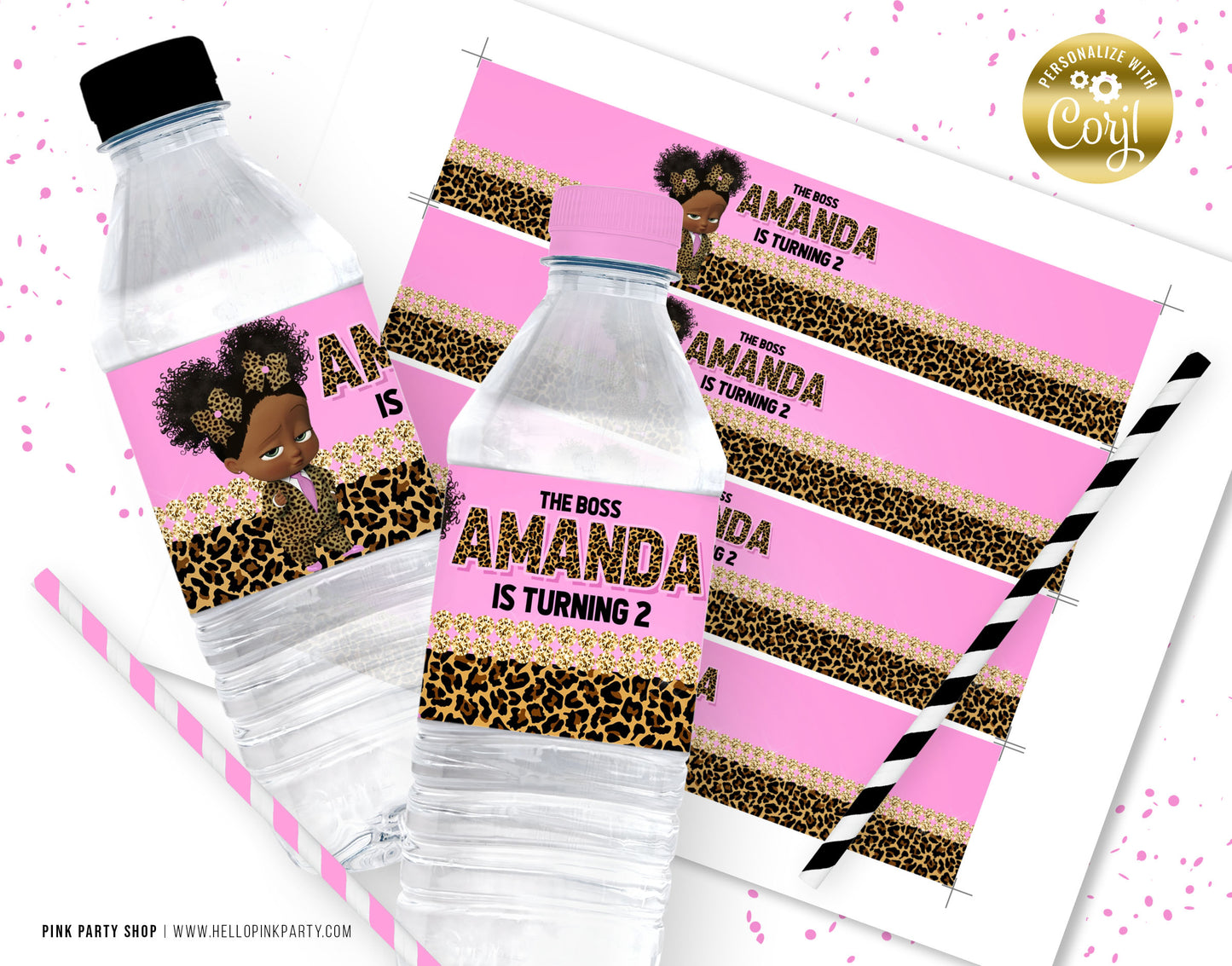 BOSS BABY GIRL CHEETAH WATER LABELS EDITABLE TEMPLATE