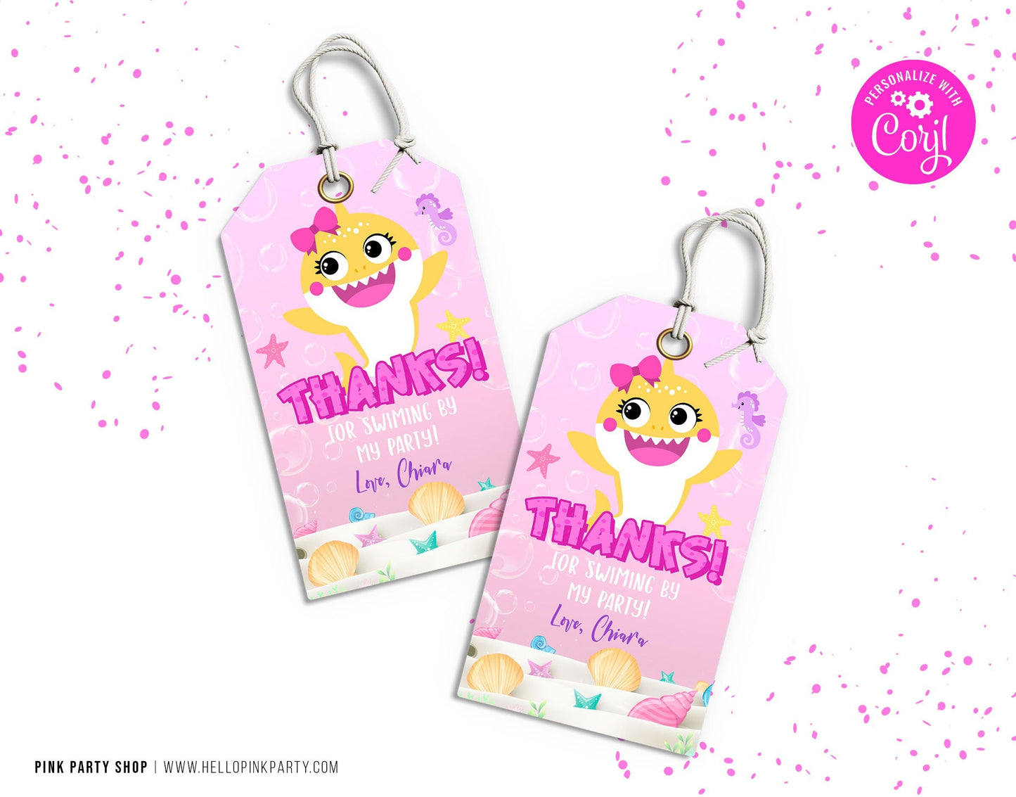Pink Baby shark Favor editable printable thank you tag