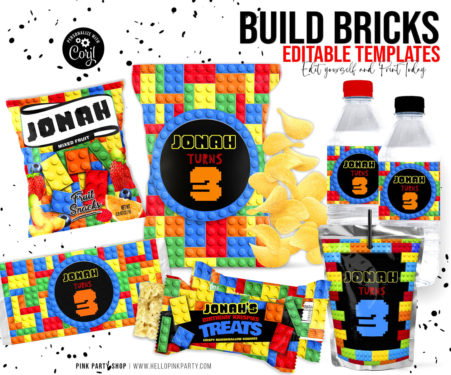 Blocks Birthday Party Bundle Kit, Template Printable, Building Bricks Birthday chip bag, Bricks Editable labels, printable editable favors