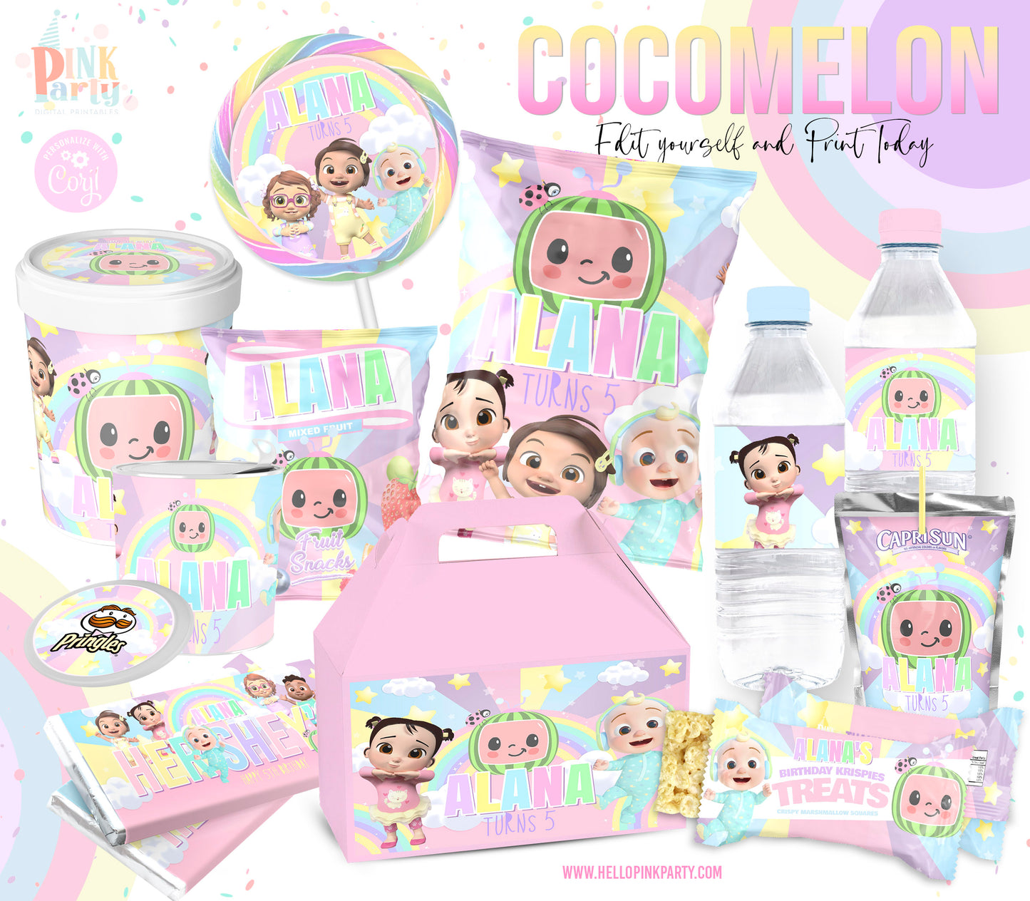 COCOMELON PASTELS PRINTABLE EDITABLE PARTY BUNDLE KIT