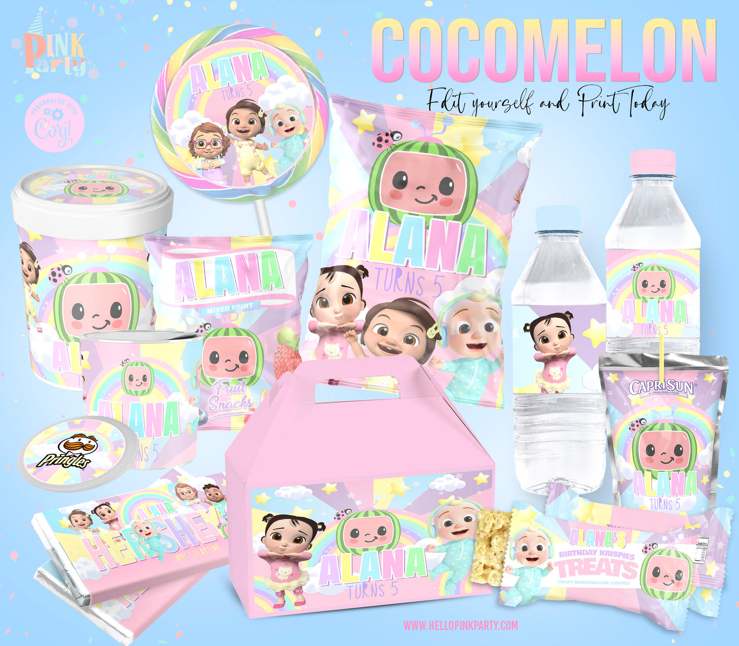 COCOMELON PASTELS PRINTABLE EDITABLE PARTY BUNDLE KIT