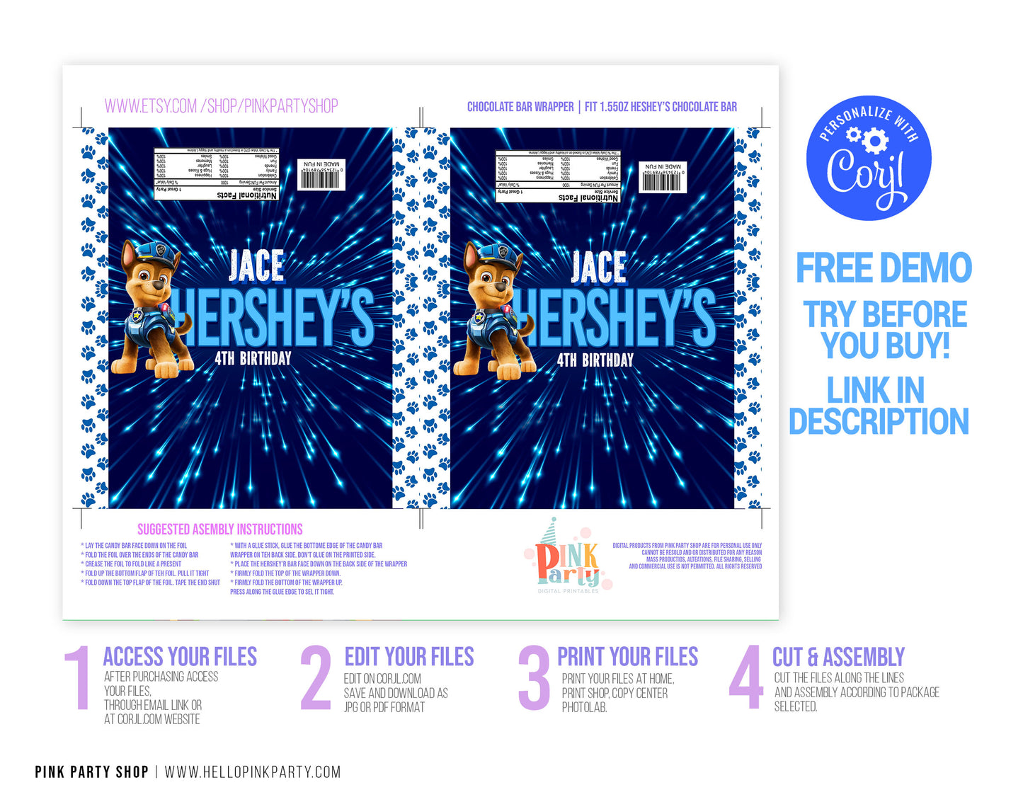 PAW PATROL CHASE EDITABLE CANDY BAR WRAPPER DESIGN
