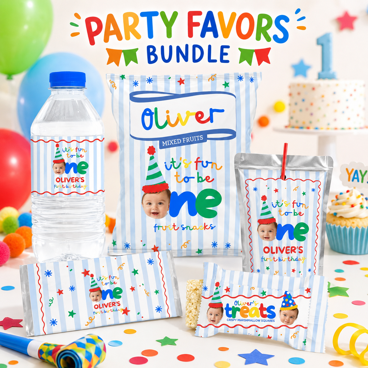 Fun to Be One Party Favors Bundle – Blue Stripes