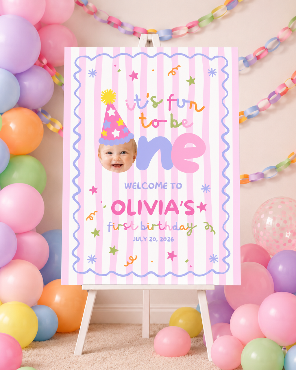 Fun to Be One Welcome Sign – Pink Stripes