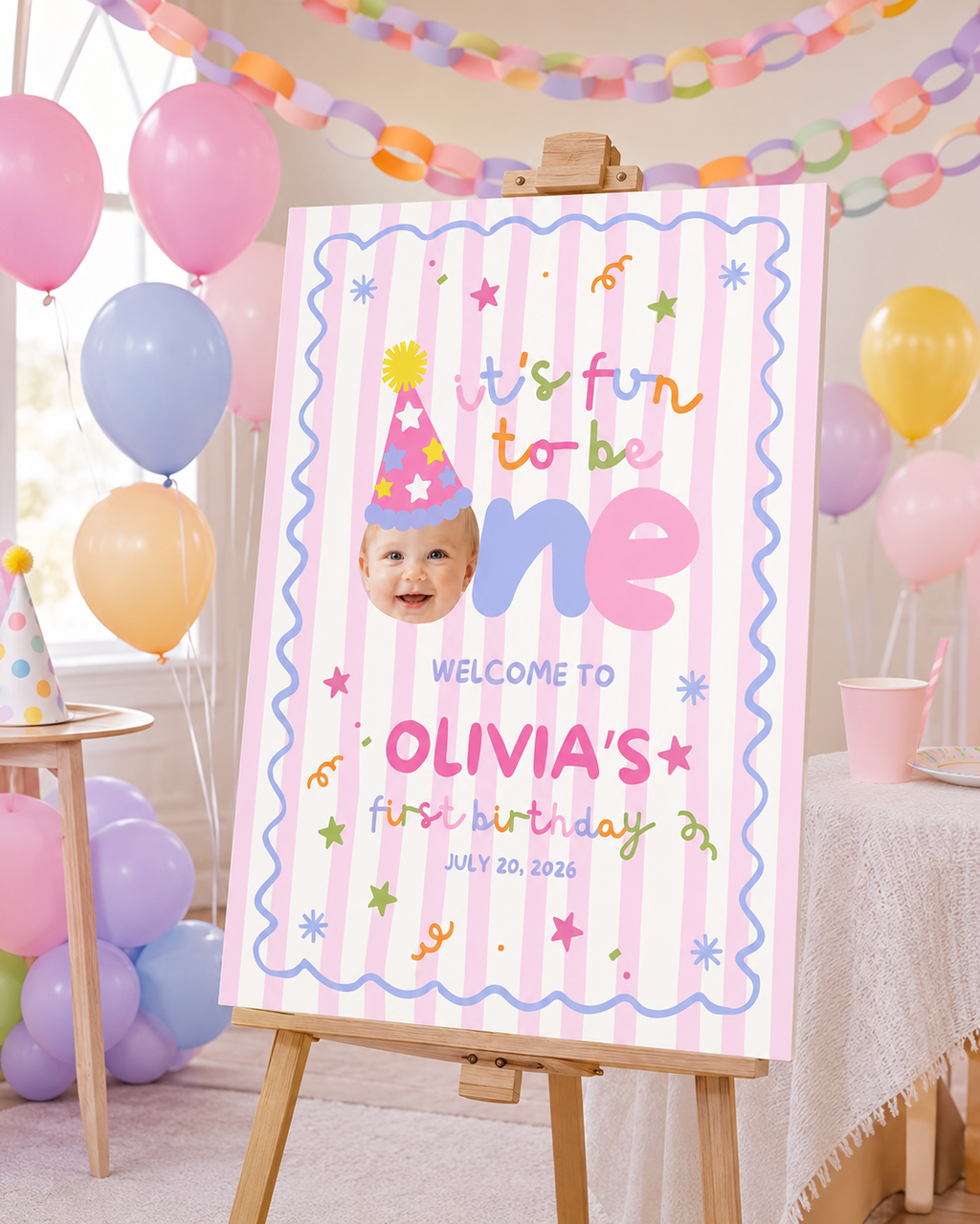Fun to Be One Welcome Sign – Pink Stripes