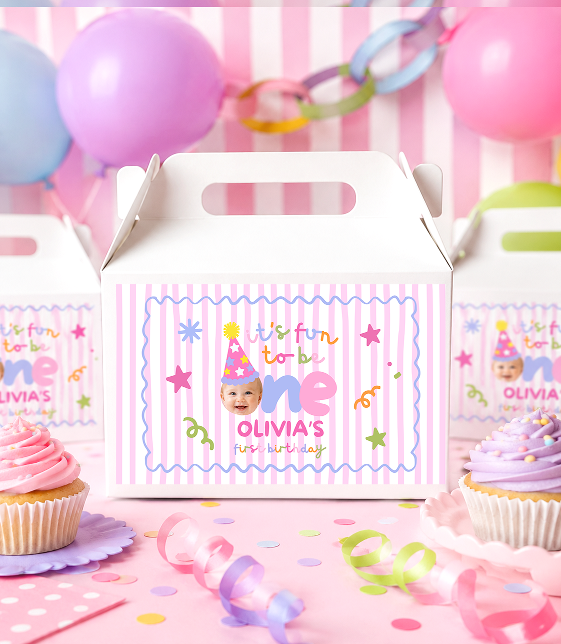 Fun to Be One Gift Box Label – Pink Stripes