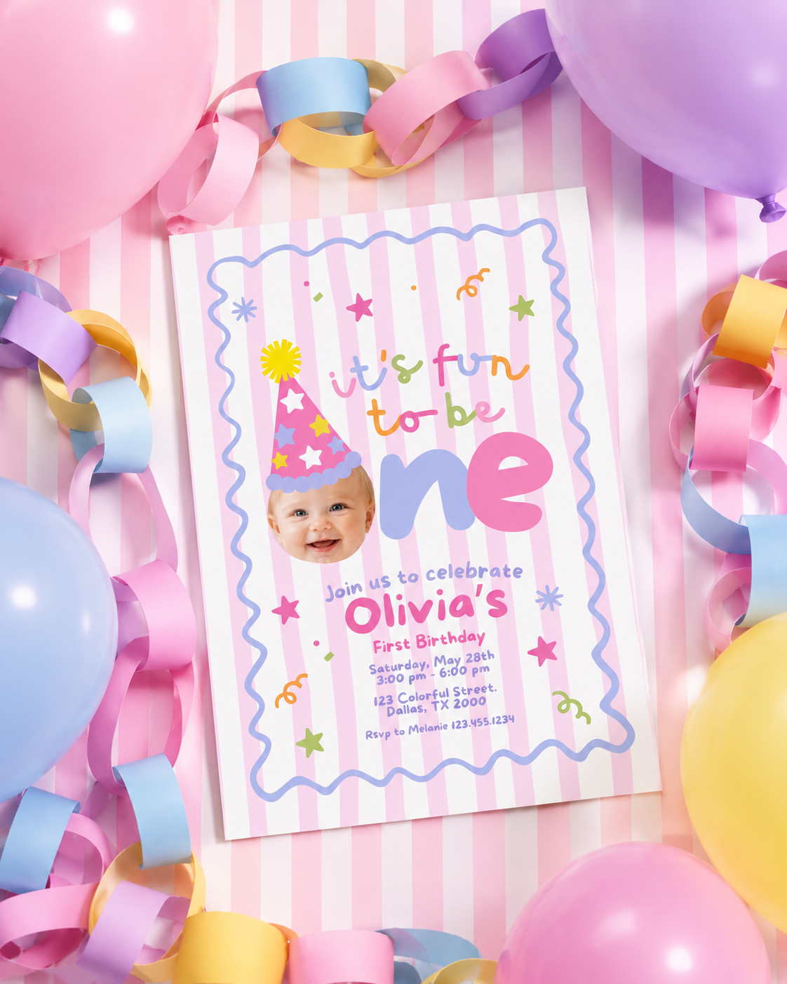 Fun to Be One First Birthday Party Bundle – Editable Canva Template Pink Stripes