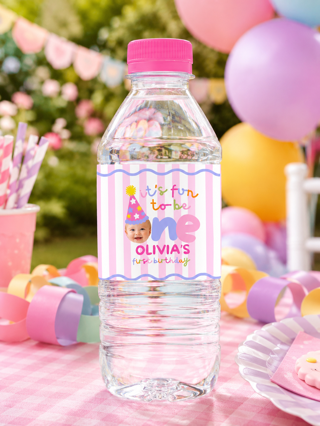 Fun to Be One First Birthday Party Bundle – Editable Canva Template Pink Stripes