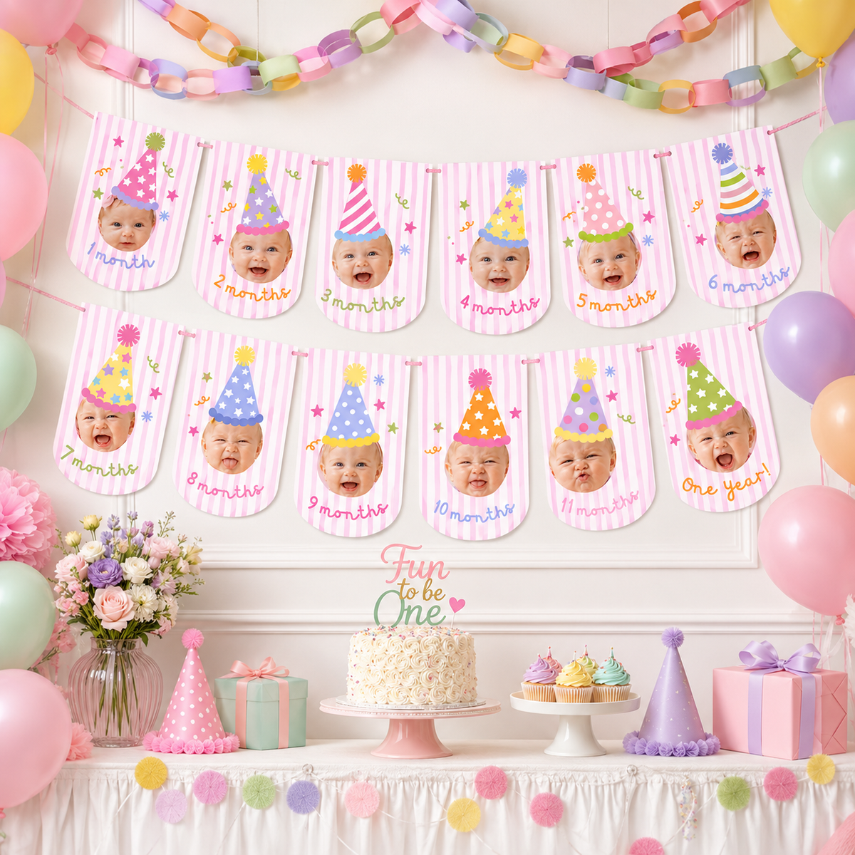 Fun to Be One Monthly Photo Banner – Pink Stripes