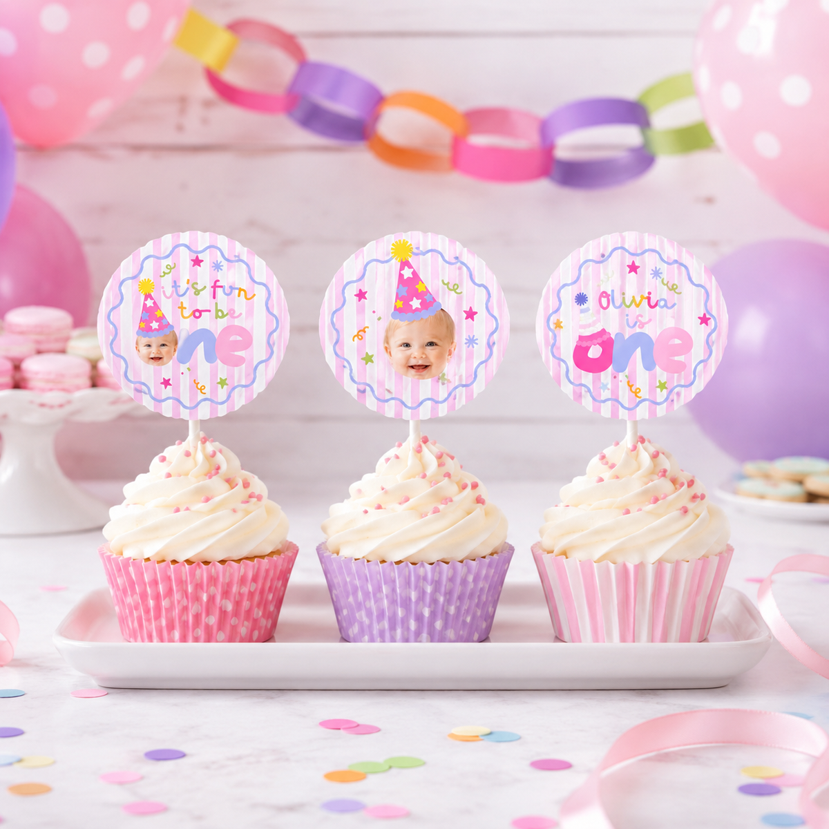 Fun to Be One Photo Cupcake Toppers – Pink Stripes