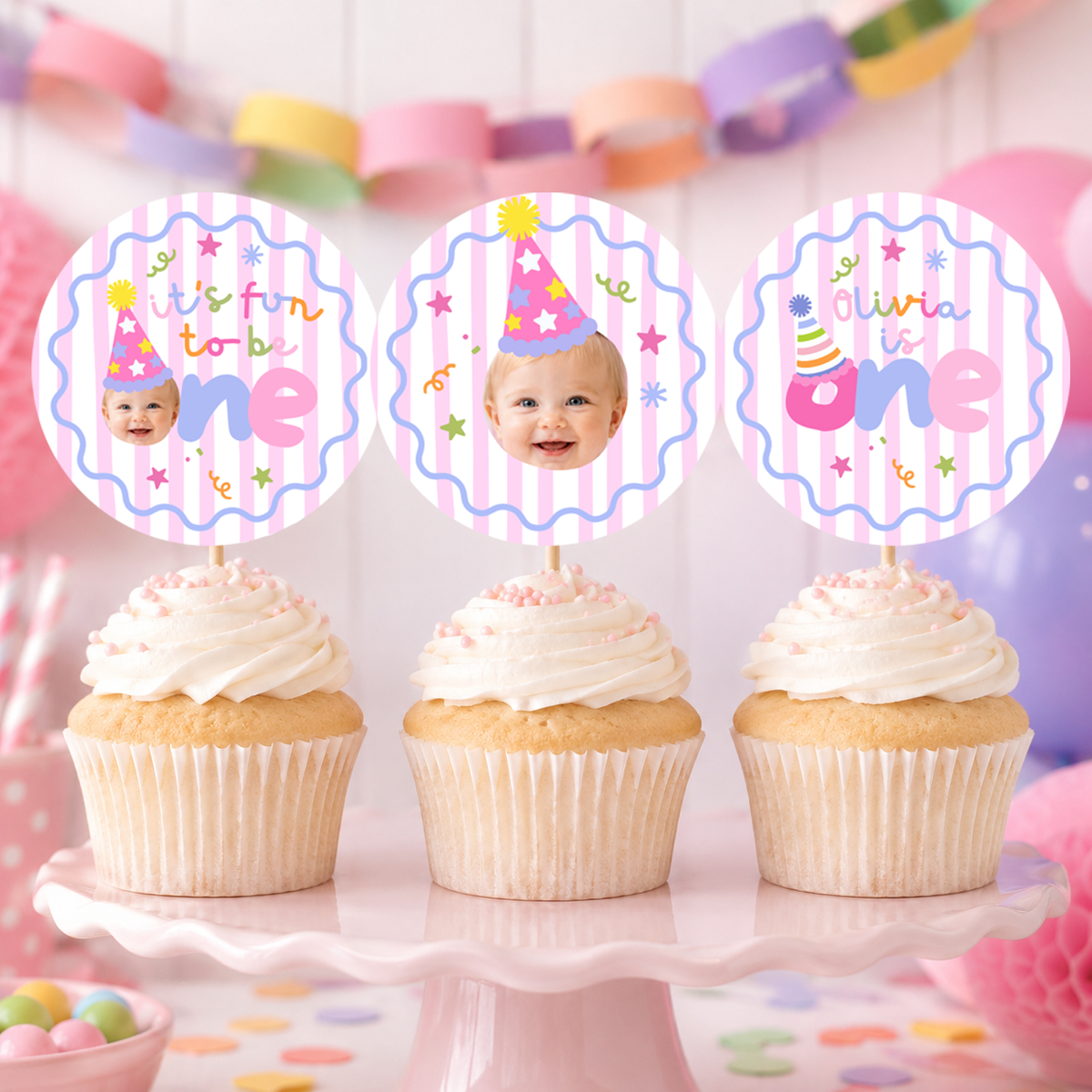 Fun to Be One Photo Cupcake Toppers – Pink Stripes