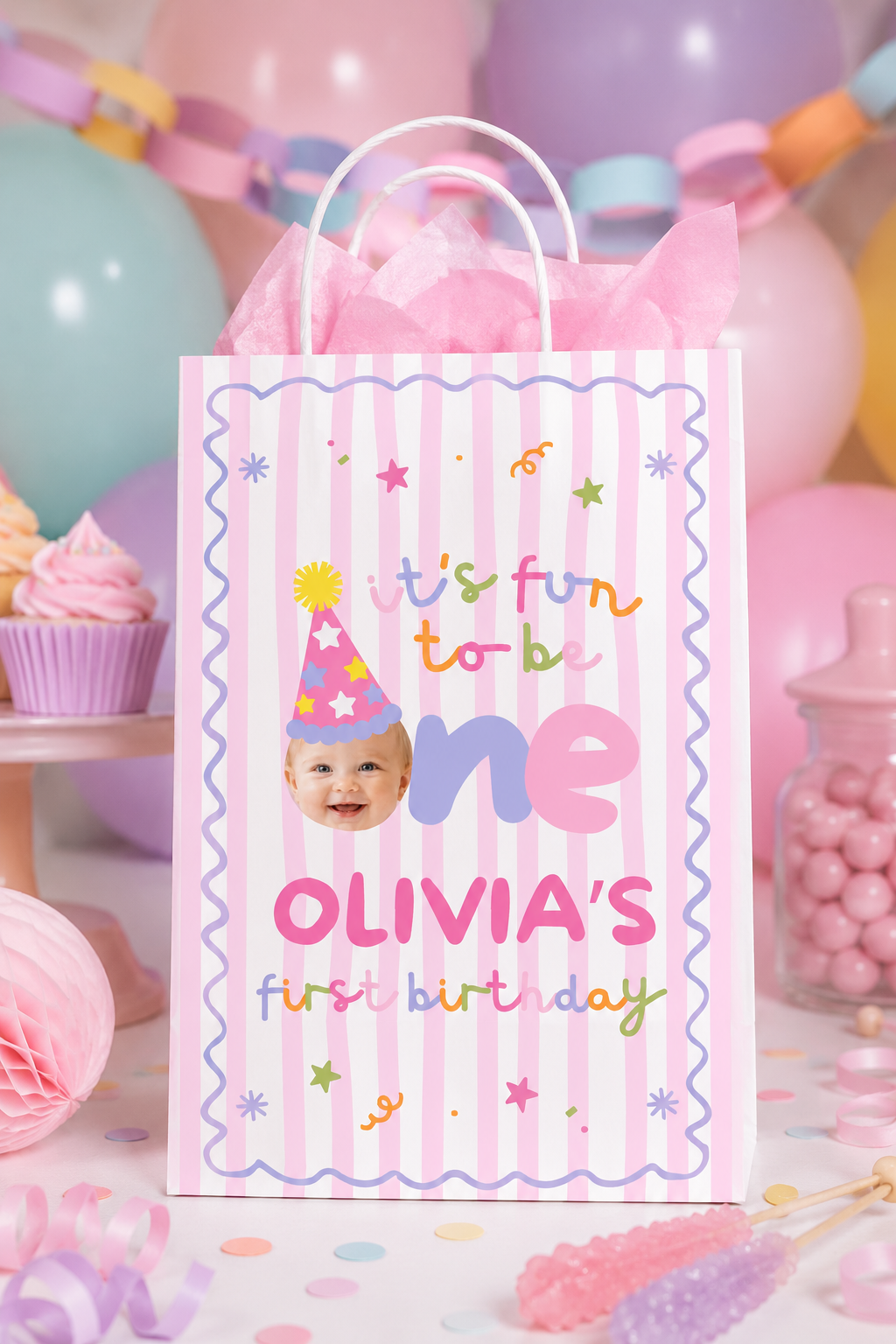 Fun to Be One Gift Bag Label – Pink Stripes