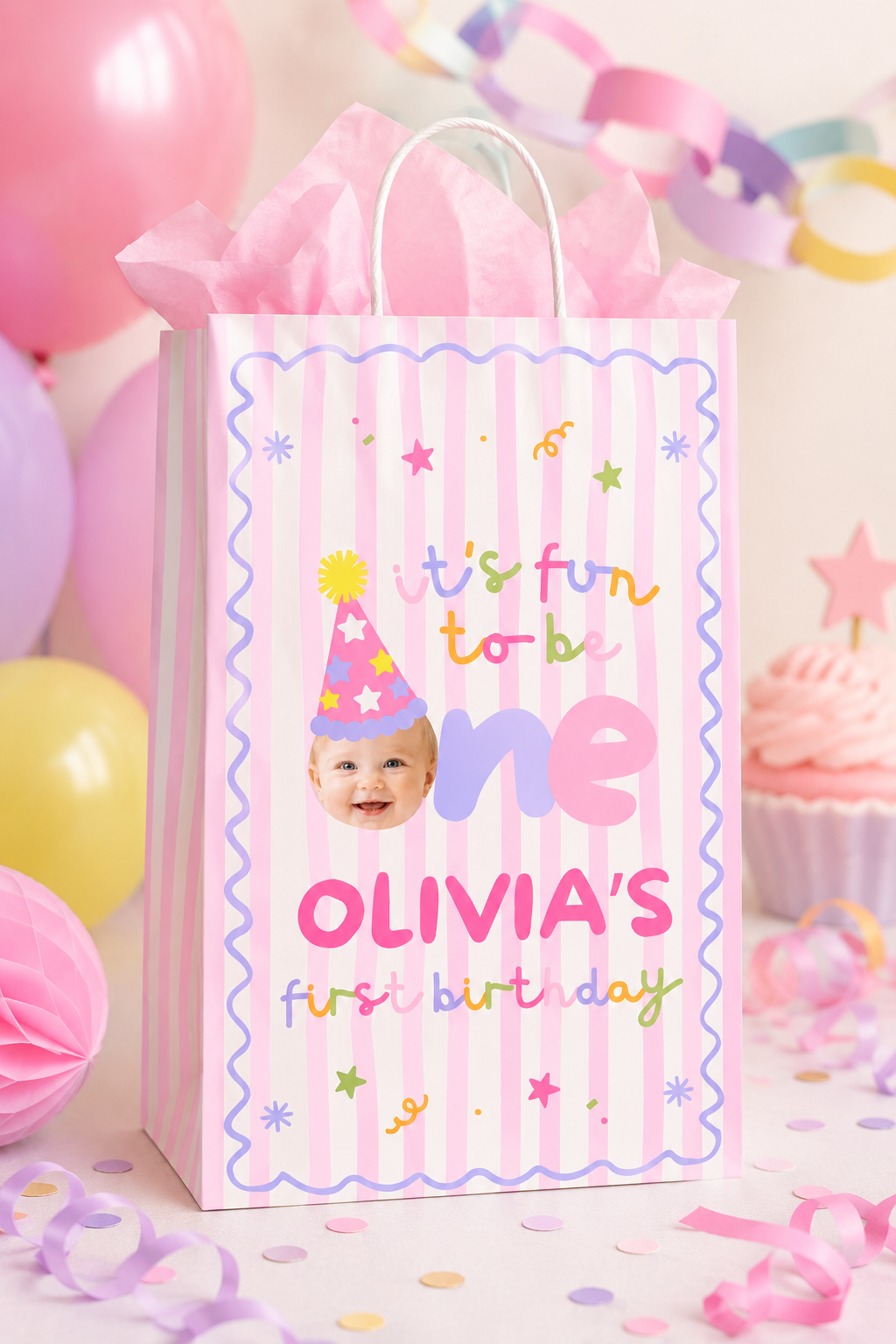 Fun to Be One Gift Bag Label – Pink Stripes