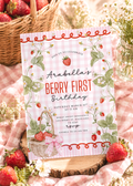 Berry First Birthday Invitation - Pink Gingham Strawberry Theme - Editable Canva Template - 5x7" & Mobile Evite