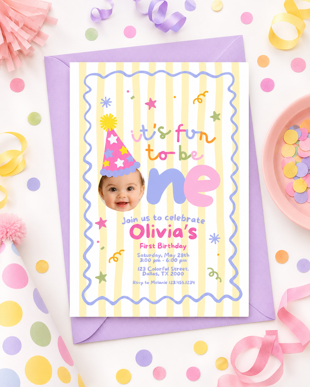 Fun to Be One First Birthday Invitation – Yellow Stripes