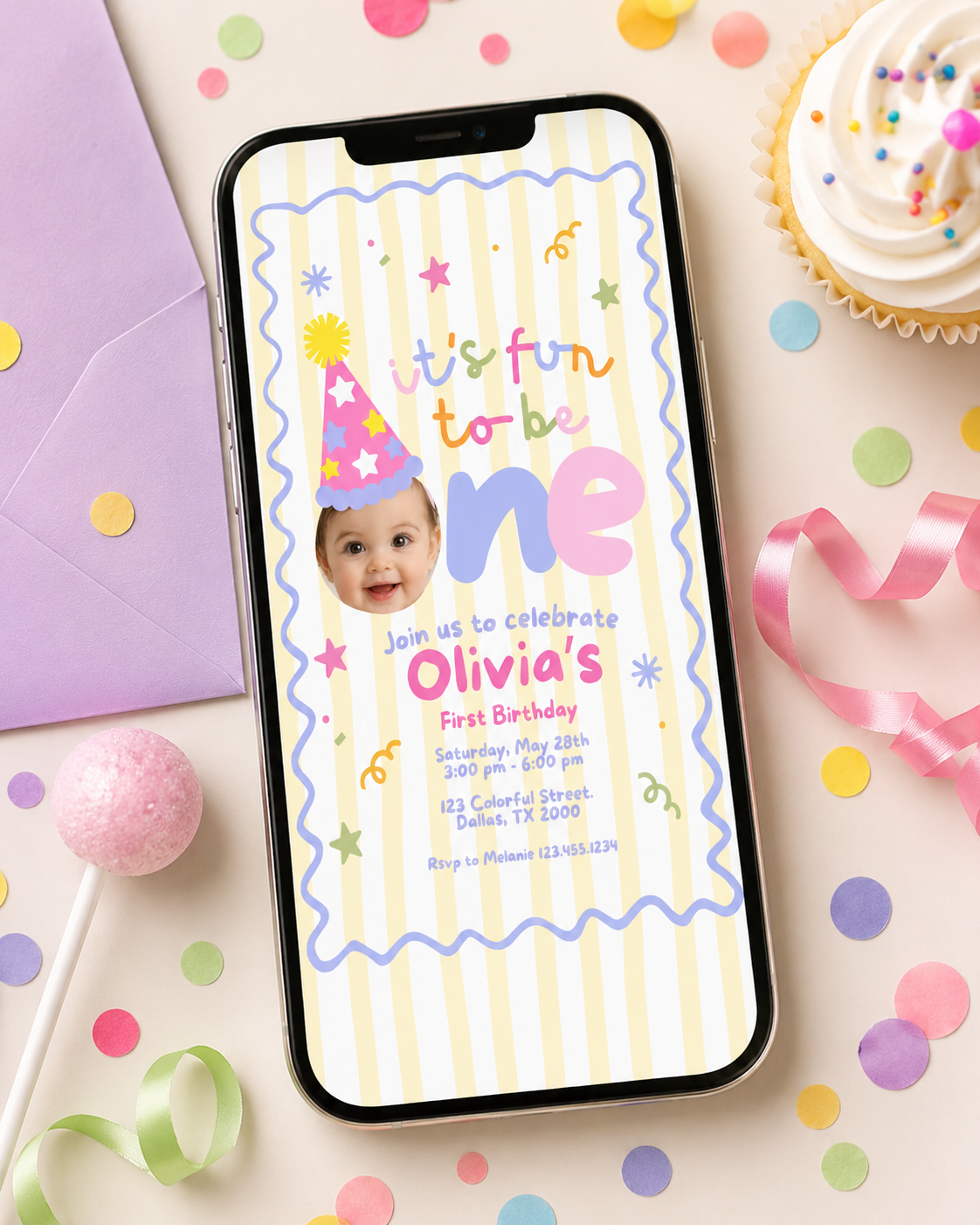 Fun to Be One First Birthday Invitation – Yellow Stripes