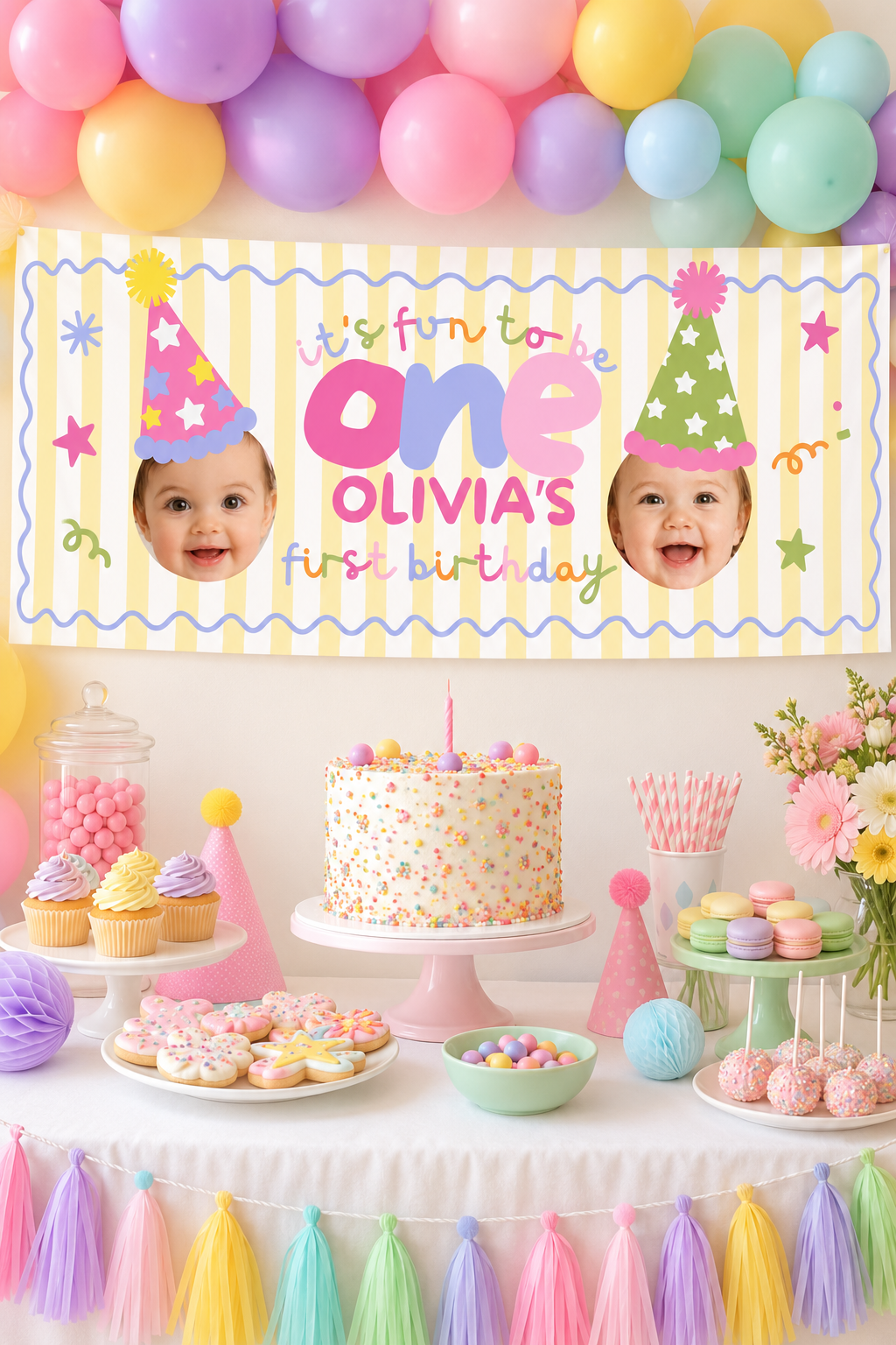 Fun to Be One Birthday Backdrop Banner – Yellow Stripes, 72 × 24 inches