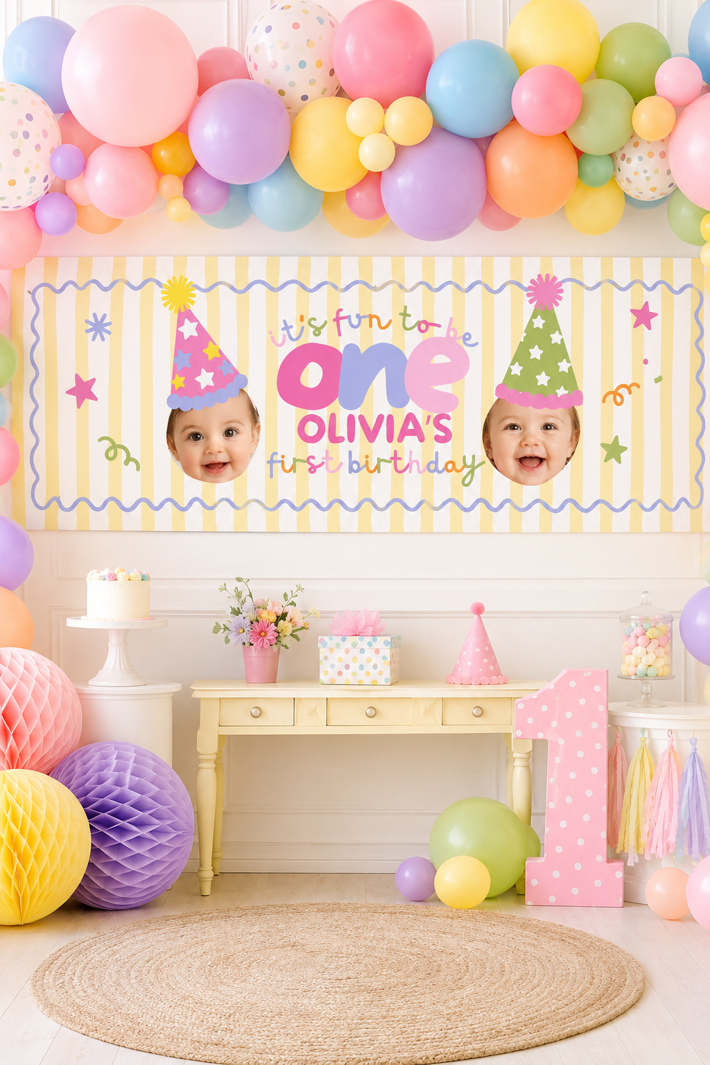 Fun to Be One Birthday Backdrop Banner – Yellow Stripes, 72 × 24 inches