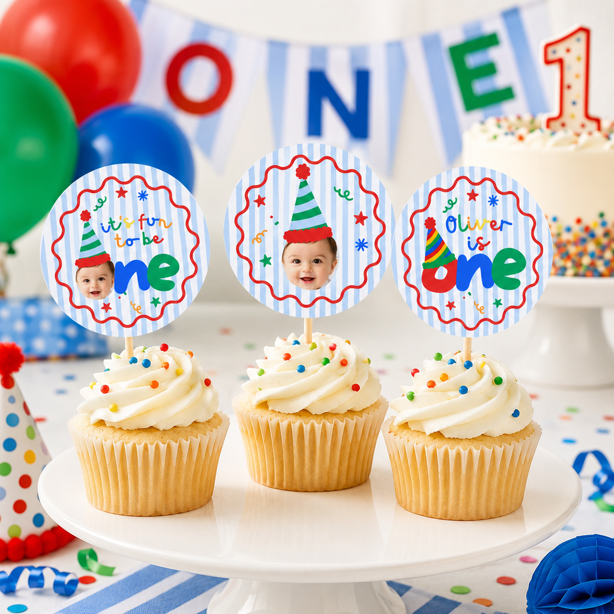 Fun to Be One Photo Cupcake Toppers – Primary Colors