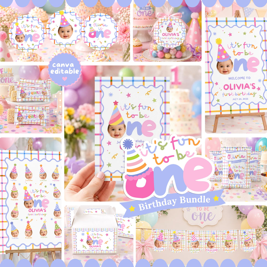 Fun to Be One First Birthday Party Bundle – Pastel Plaid