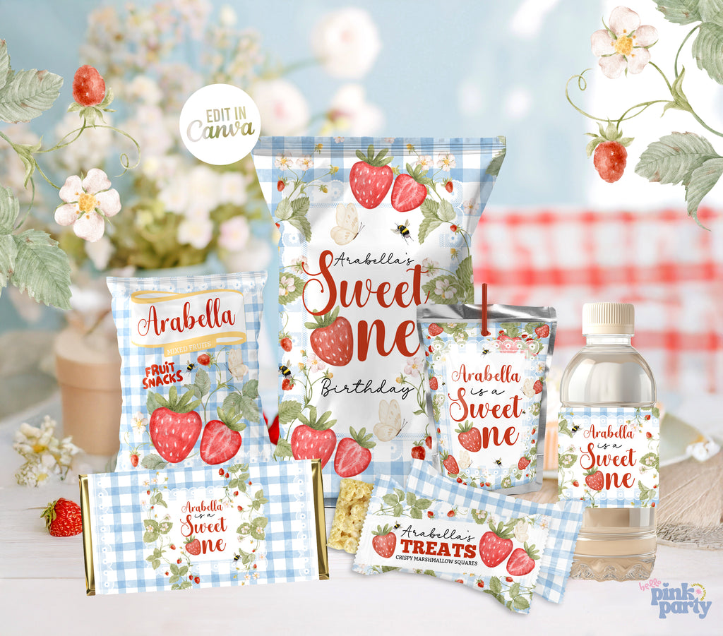 Strawberry 1st Birthday Party Favor Bundle - Editable Canva Templates - Blue Gingham Sweet One Theme