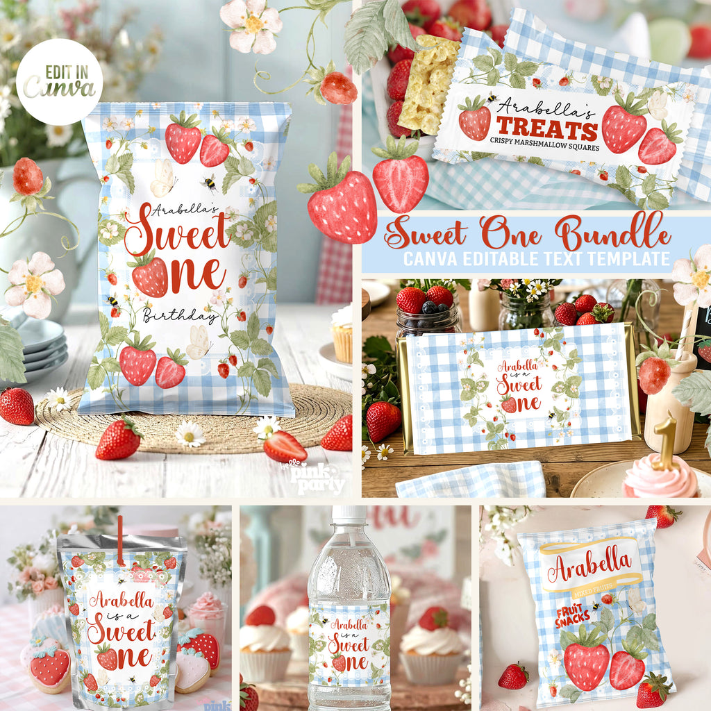 Strawberry 1st Birthday Party Favor Bundle - Editable Canva Templates - Blue Gingham Sweet One Theme