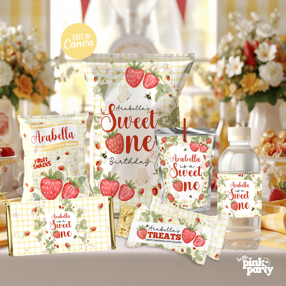 Strawberry Sweet One Party Favors Bundle - Berry 1st Birthday Labels - Editable Canva Template Pack
