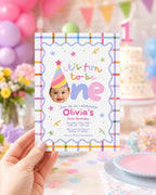 Fun to Be One first birthday photo invitation in pastel plaid