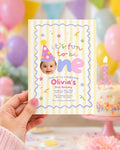 Fun to Be One first birthday photo invitation in yellow stripes