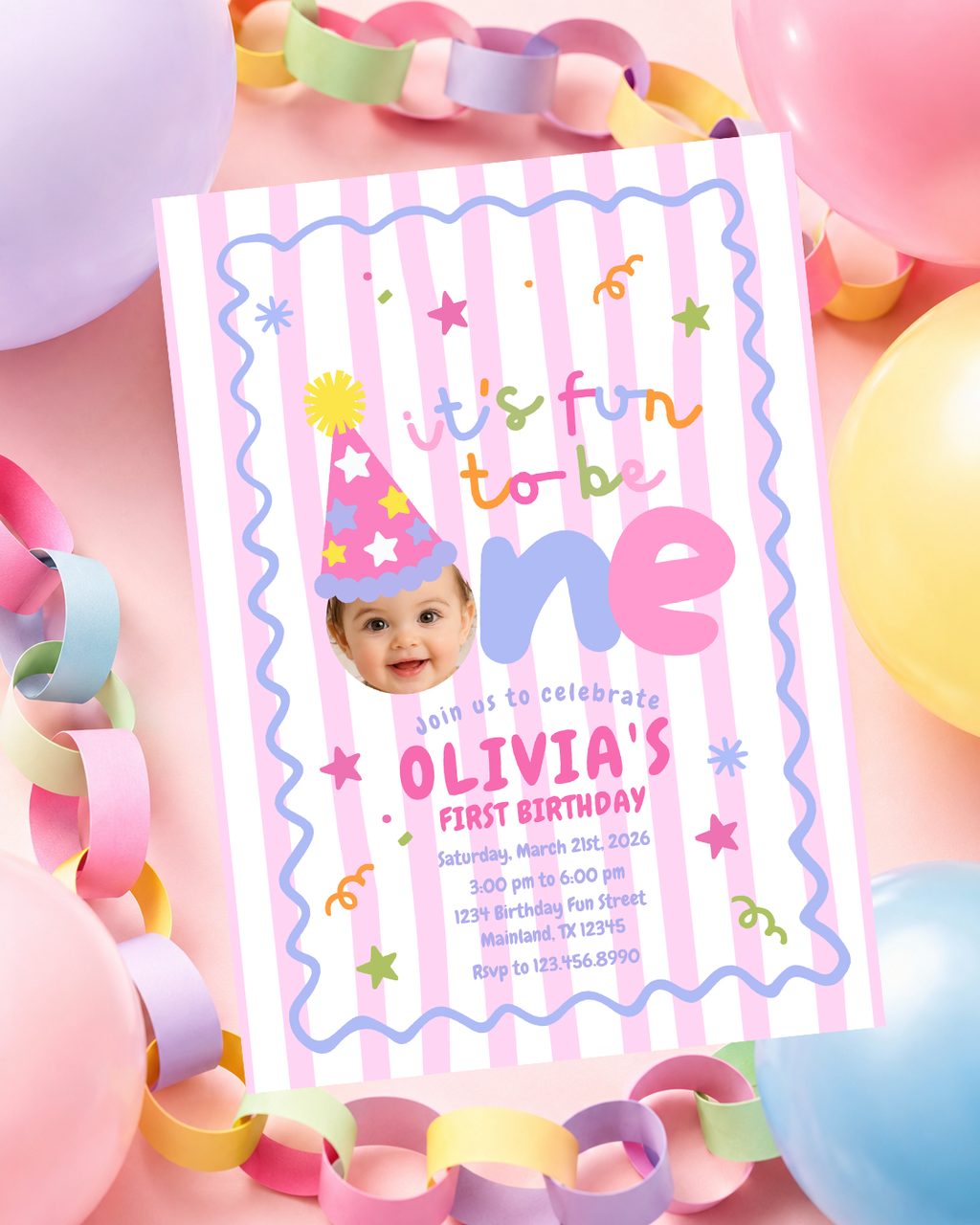 Fun to Be One First Birthday Invitation – Pink Stripes
