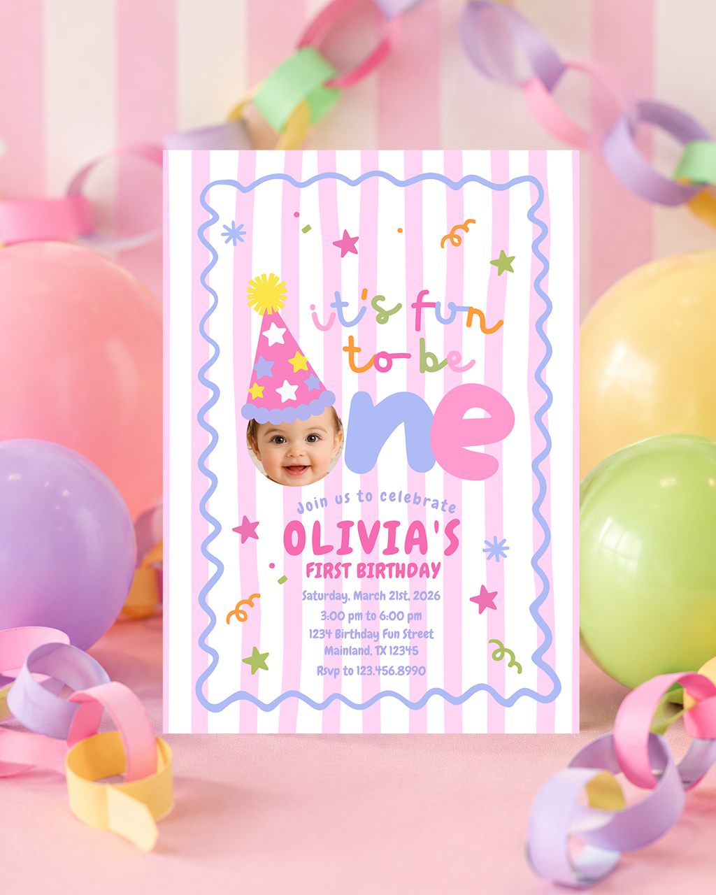 Fun to Be One First Birthday Invitation – Pink Stripes