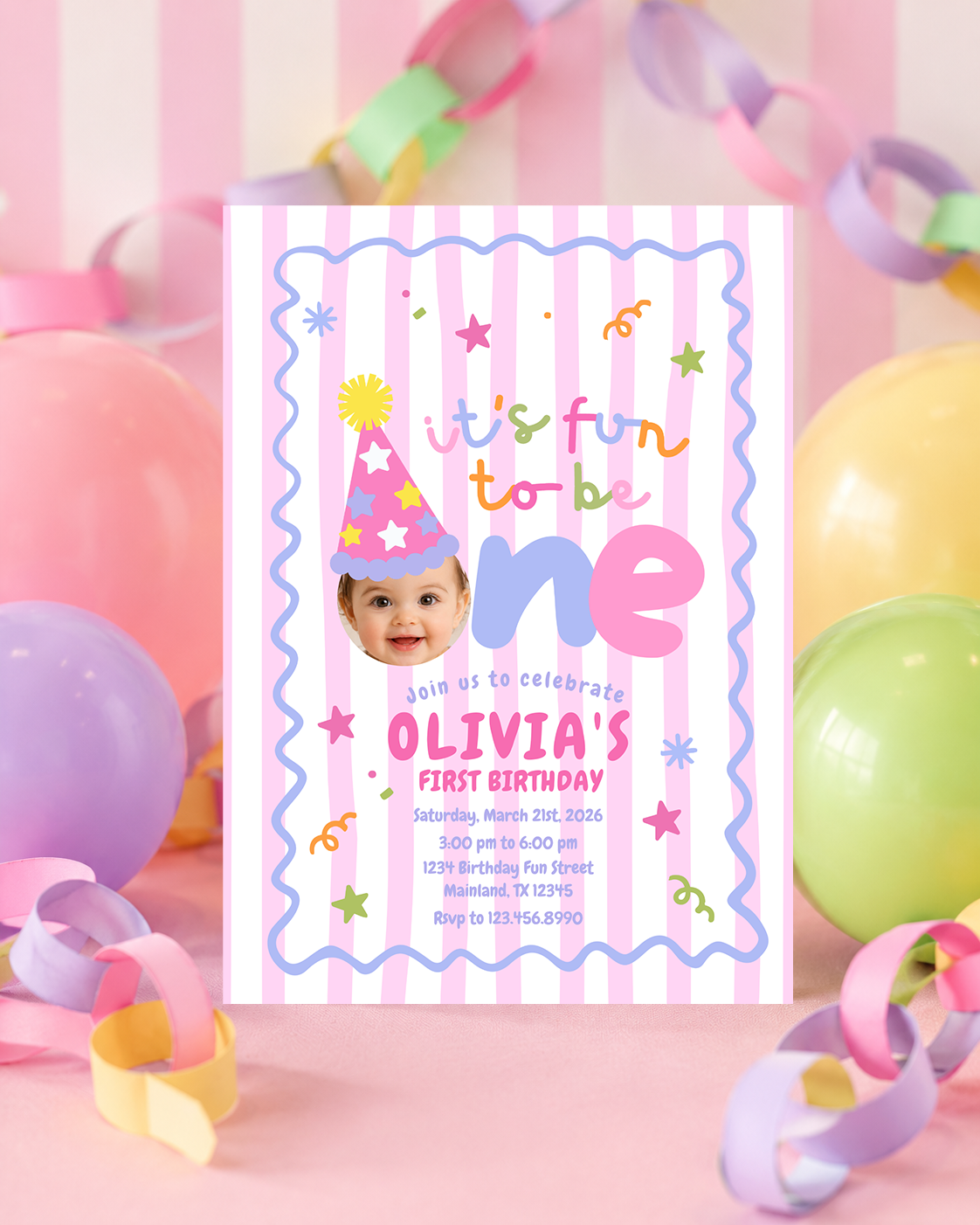 Fun to Be One First Birthday Invitation – Pink Stripes