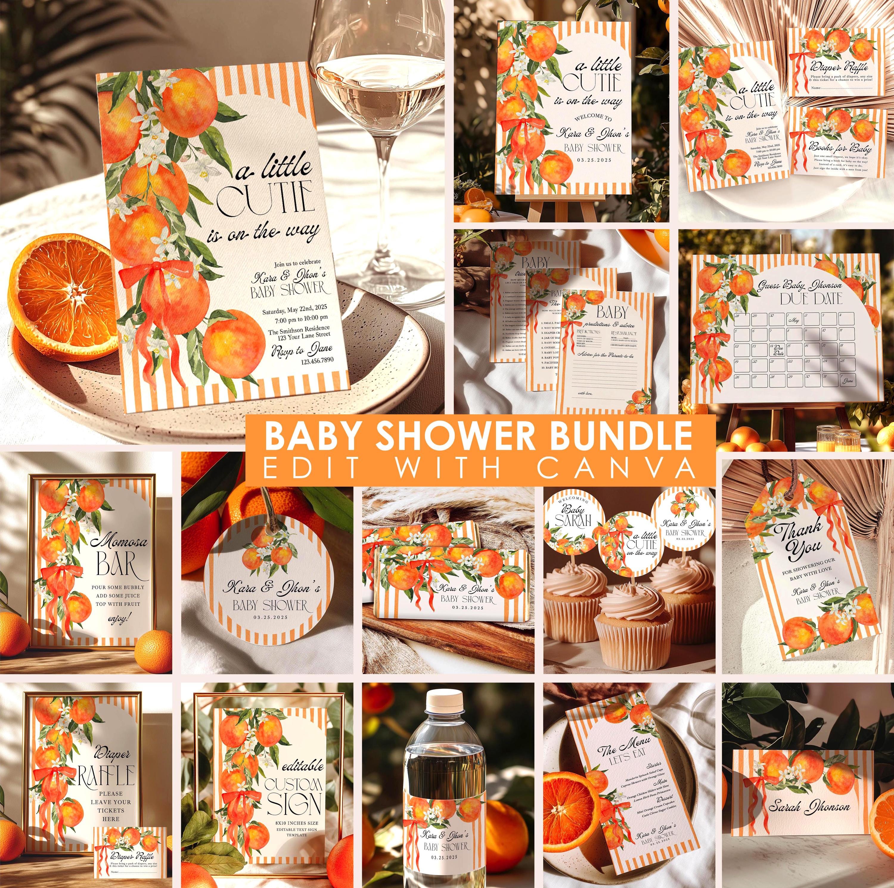 Little Cutie Baby Shower Mega Bundle - Orange Citrus Boho Floral - Editable Canva Invitation & Games Pack