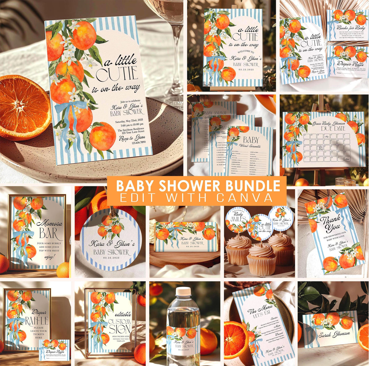 Little Cutie Baby Shower Mega Bundle - Orange Citrus Boy Theme - Editable Canva Invitation & Games Pack