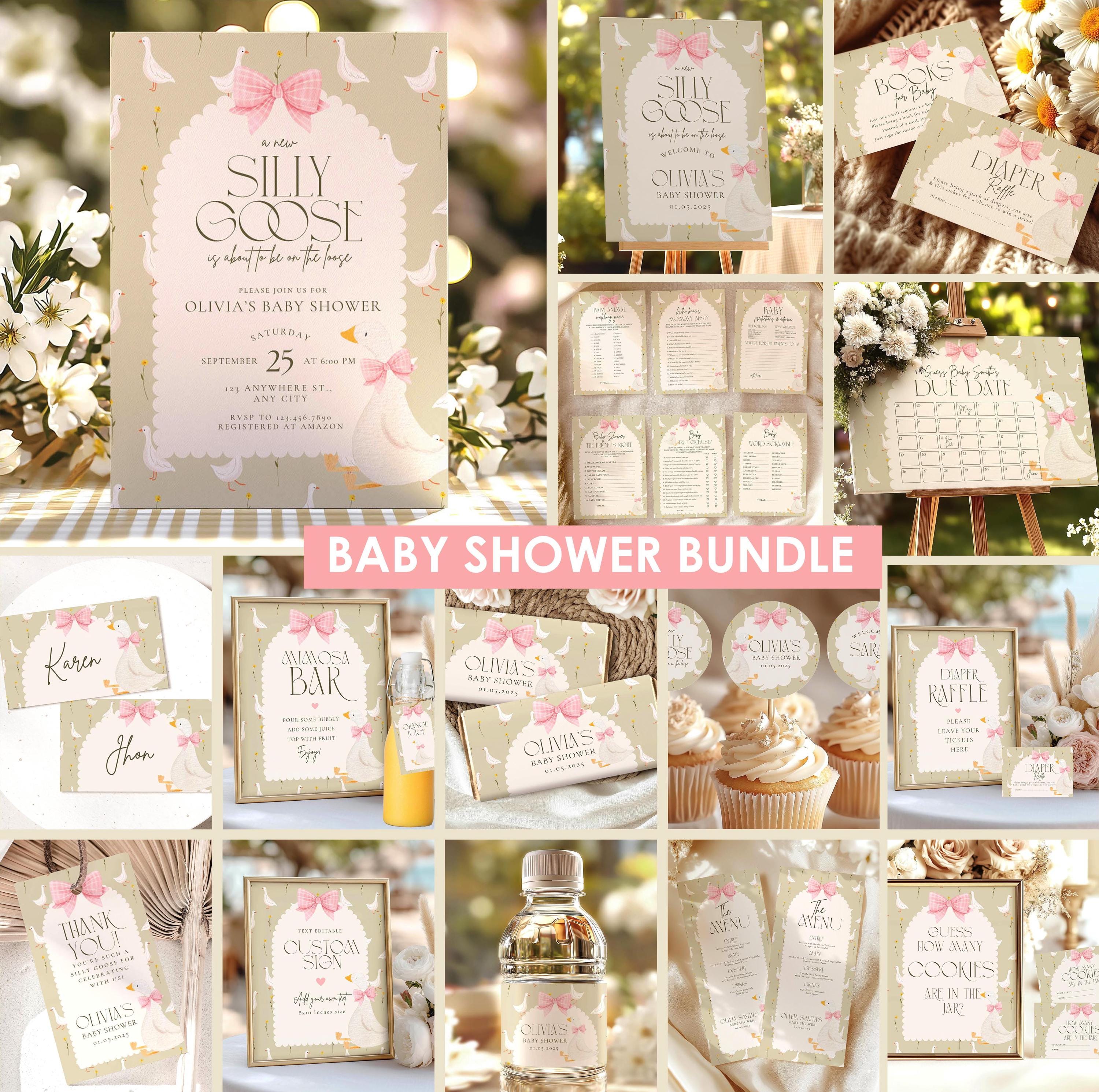Silly Goose Baby Shower Mega Bundle - Pink Bow & Whimsical Geese - Editable Canva Invitation & Games Pack