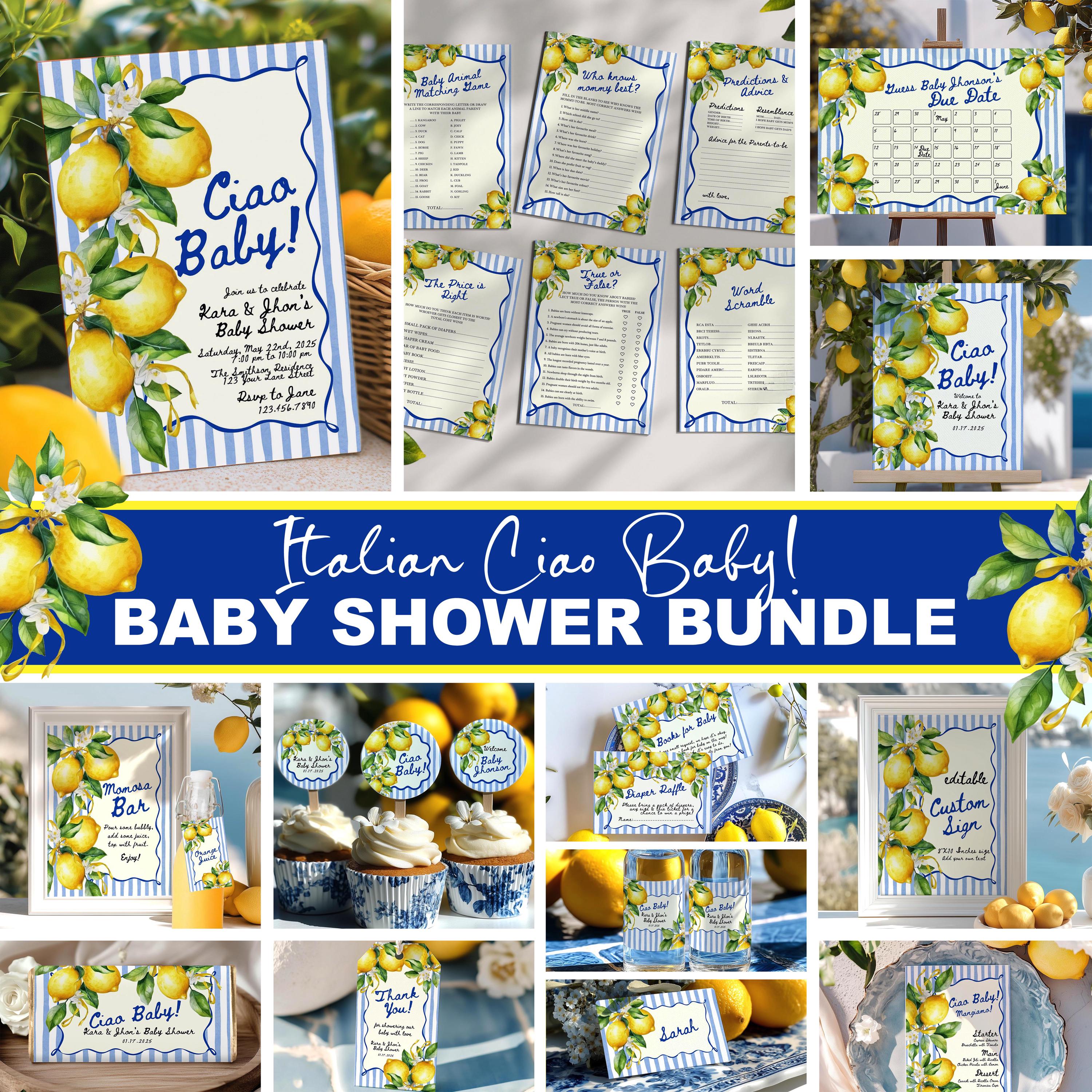 Ciao Bambino Baby Shower Mega Bundle - Italian Sicily Theme Lemon & Tile - Editable Canva Template Pack
