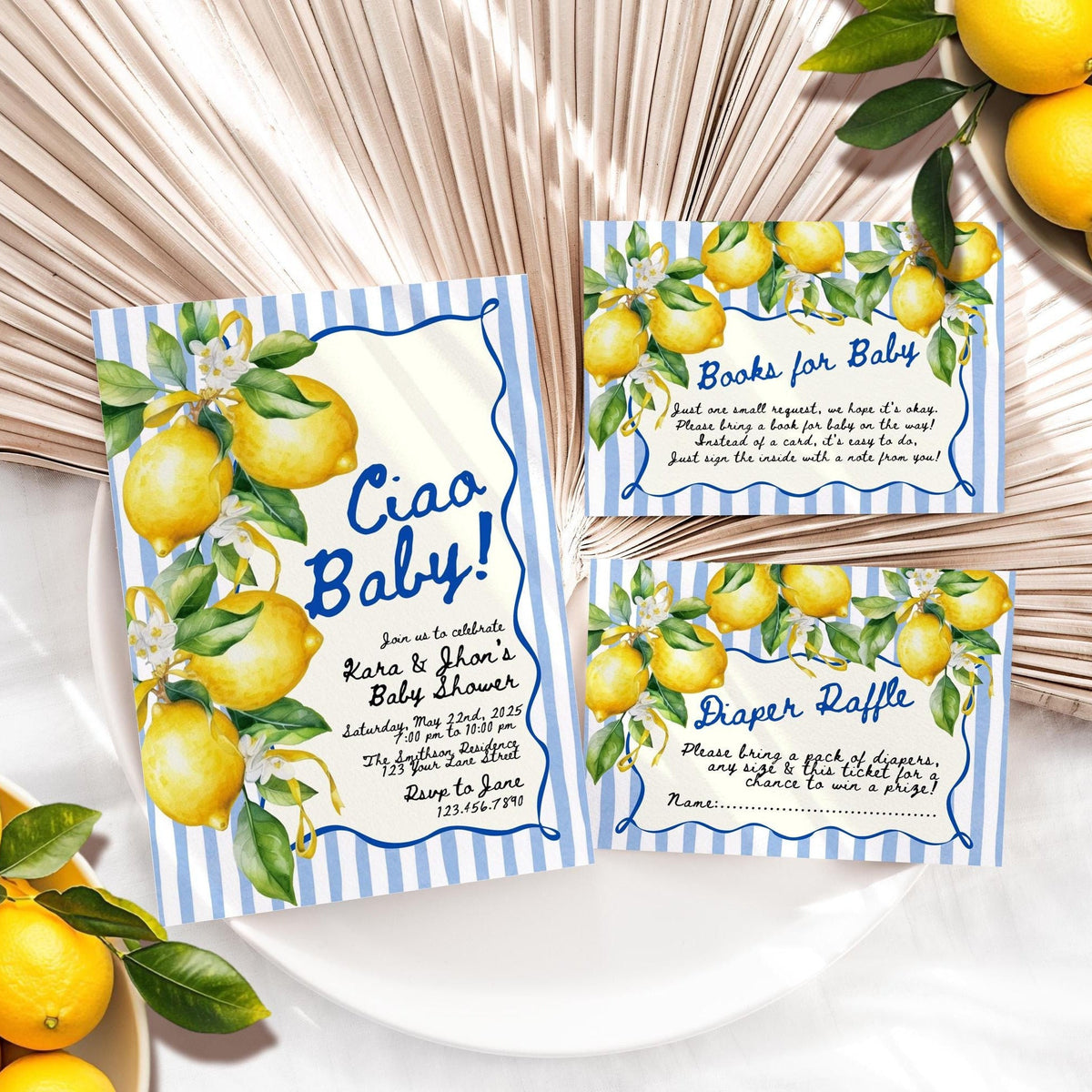 Ciao Baby Baby Shower Invitation Bundle - Italian Theme Lemon & Floral - Editable Canva Template