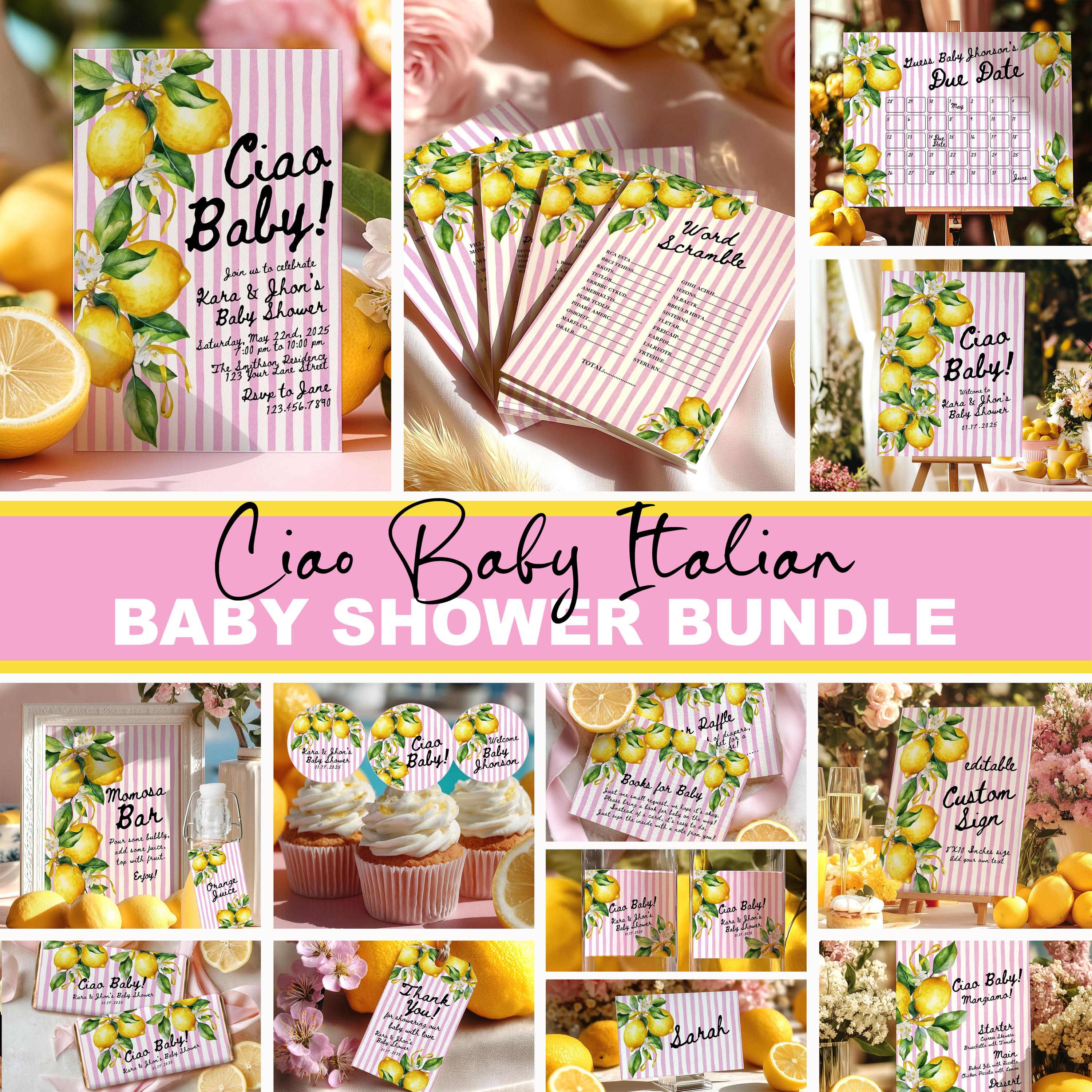 Ciao Bambina Baby Shower Mega Bundle - Pink Lemon Italian Theme - Editable Canva Template Pack