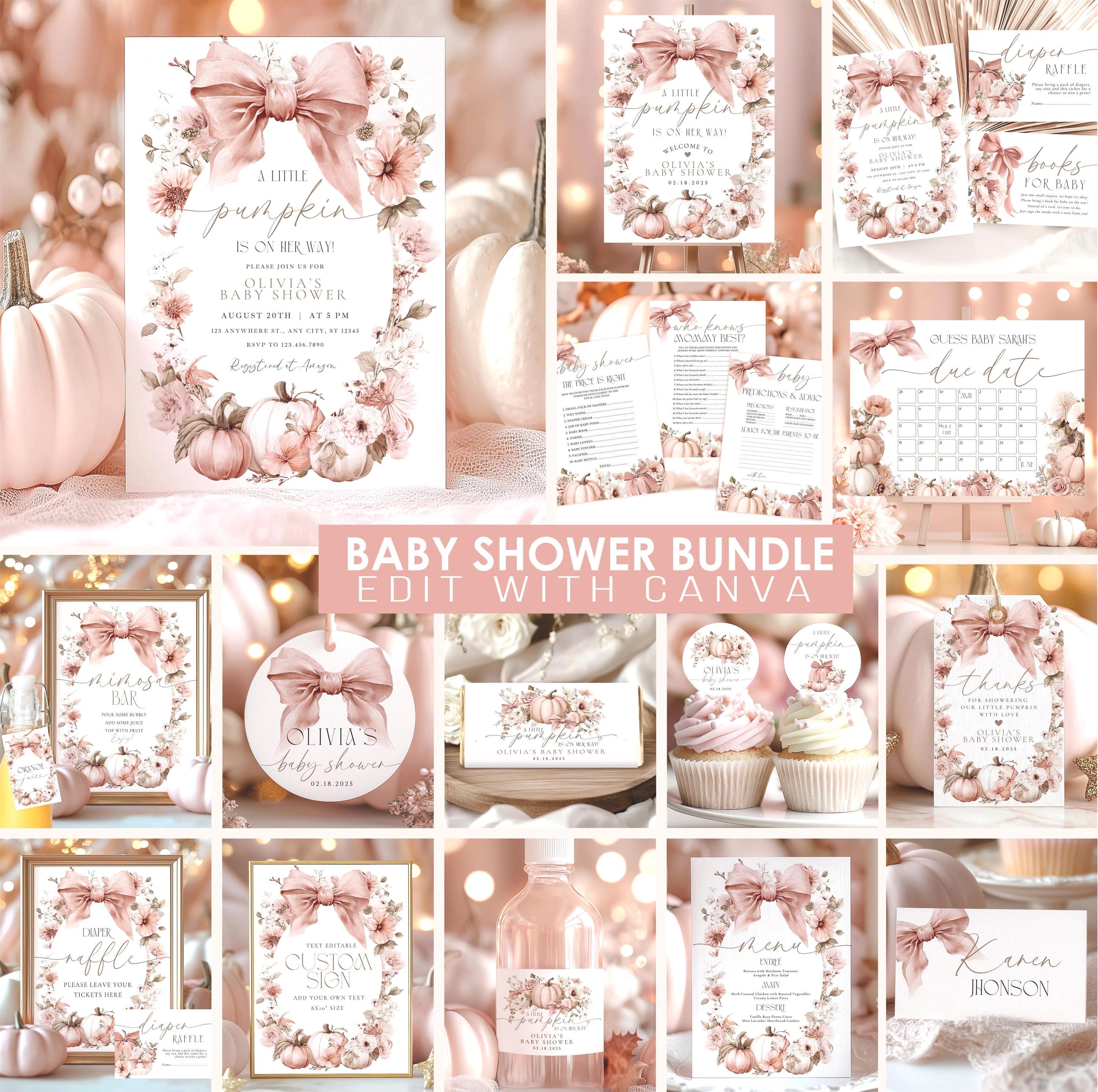 Pink Bow Floral Pumpkin Baby Shower Mega Bundle - Editable Fall Little Pumpkin Invitation & Games Pack