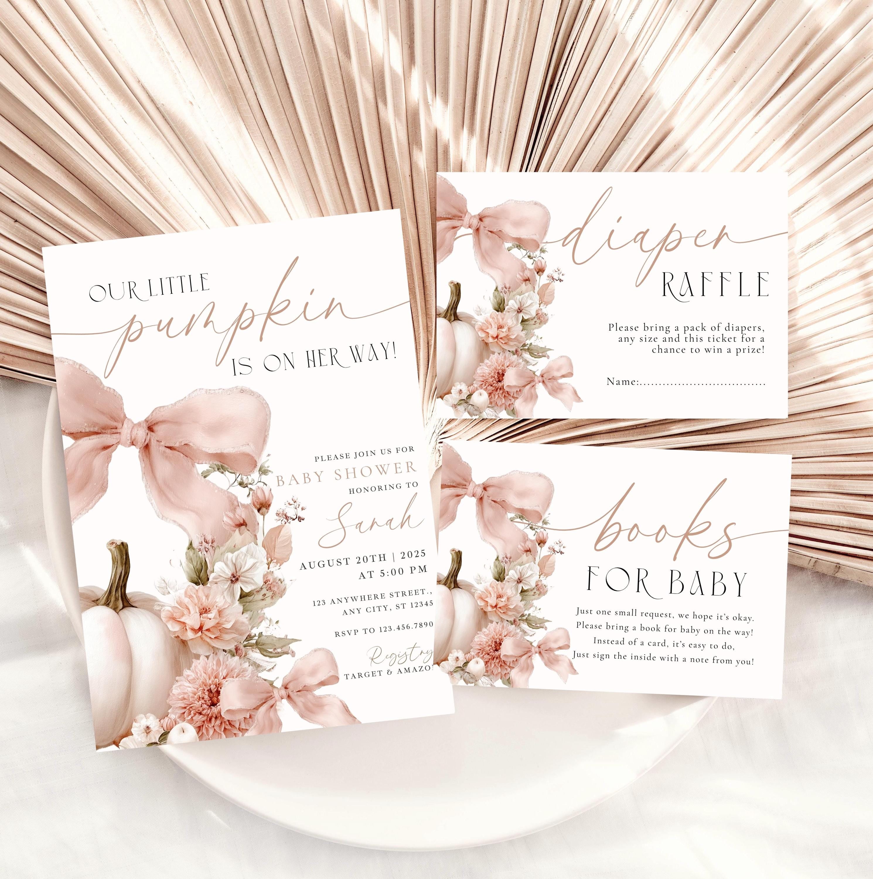 Pink Bow Floral Pumpkin Baby Shower Invitation Bundle - Coquette Fall Little Pumpkin - Editable Canva Template