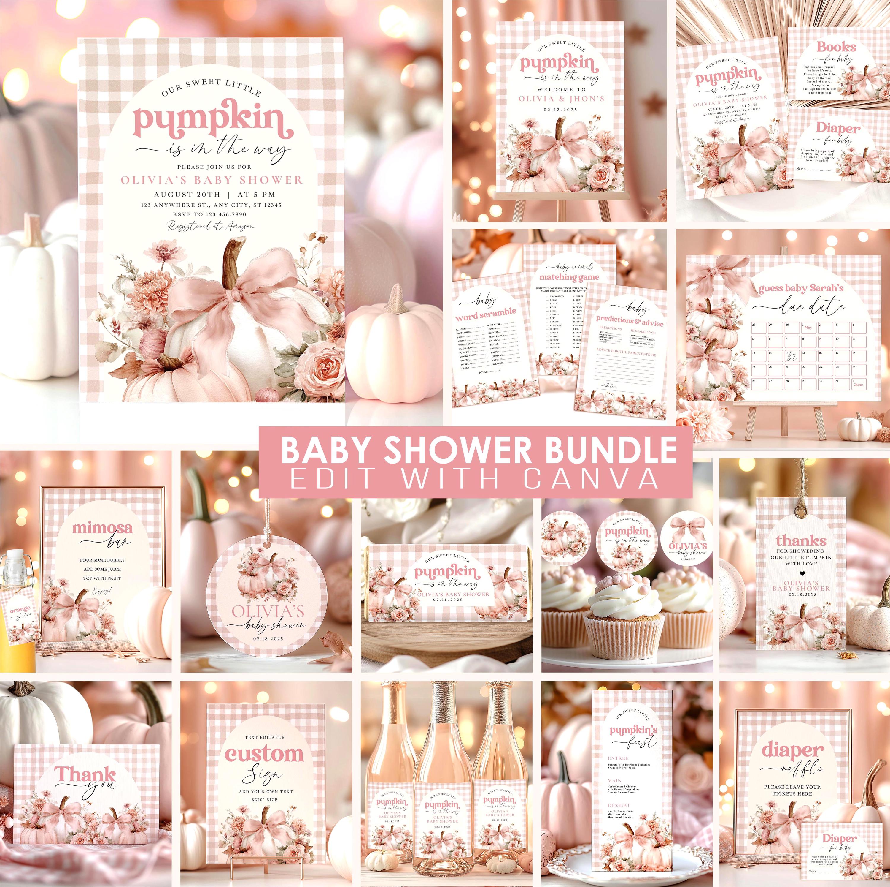 Pink Bow Floral Pumpkin Baby Shower Mega Bundle - Editable Fall Little Pumpkin Invitation & Games Pack