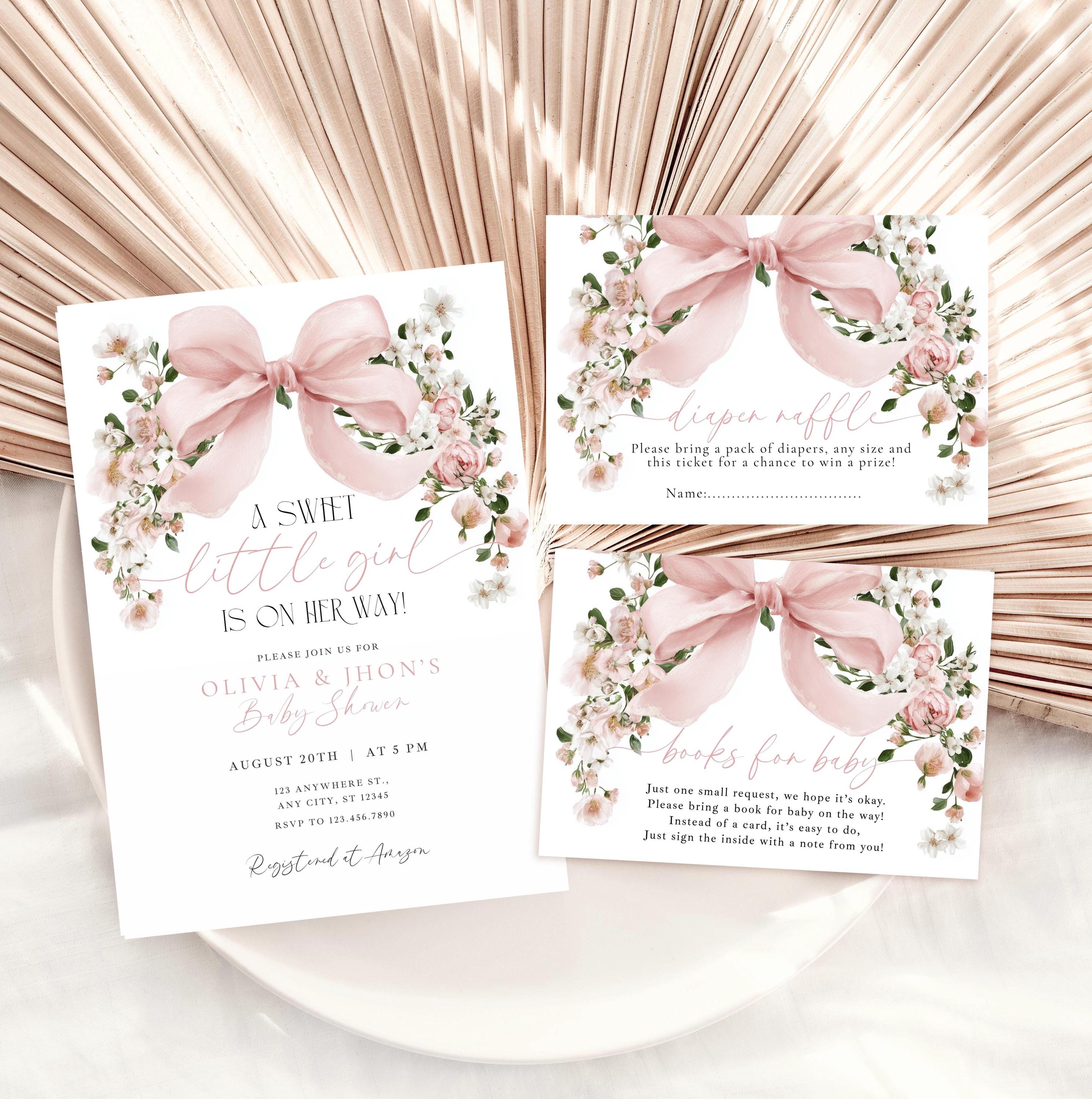 Pink Bow Floral Baby Shower Invitation Bundle - Coquette Aesthetic - Editable Canva Template