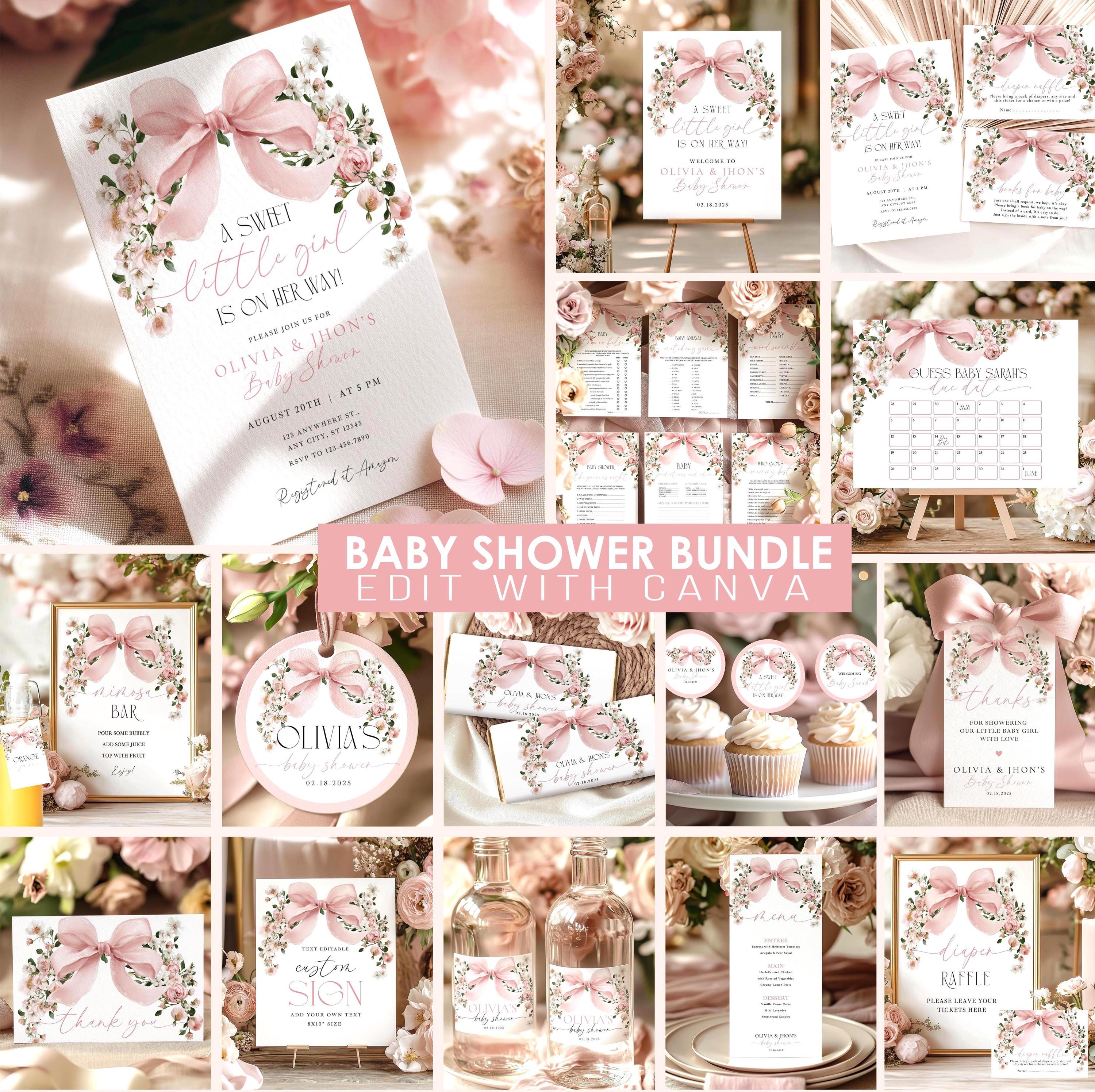 Sweet Little Girl Baby Shower Mega Bundle - Pink Bow & Floral Coquette - Editable Canva Invitation & Games Pack