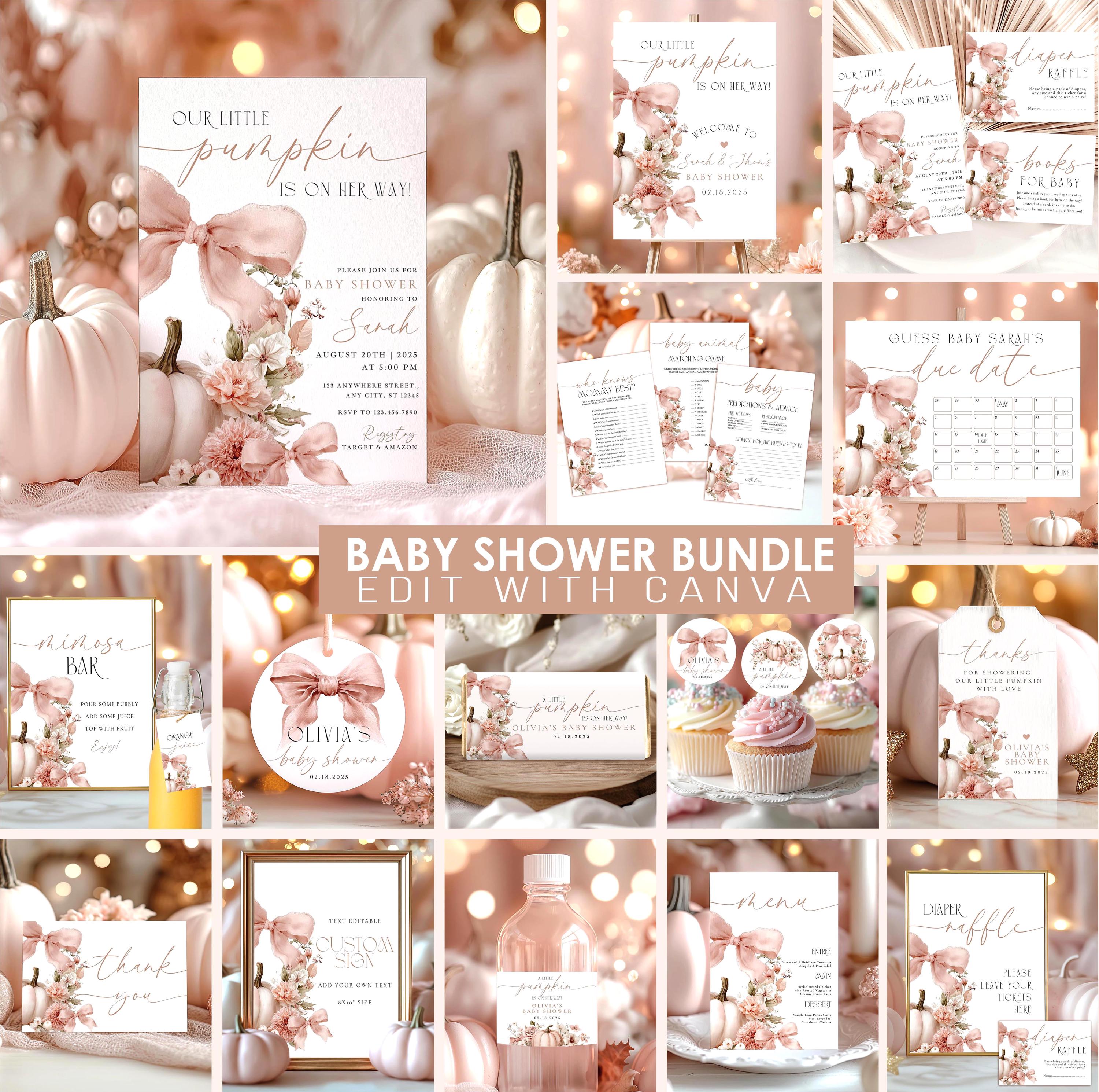 Pink Bow Floral Pumpkin Baby Shower Mega Bundle - Editable Fall Little Pumpkin Invitation & Games Pack
