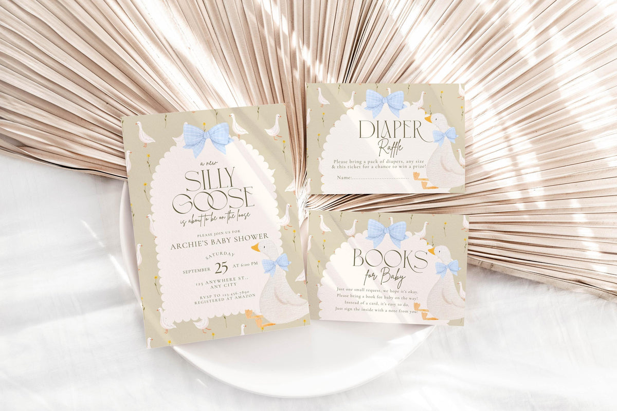 Silly Goose Baby Shower Invitation Bundle - Editable Canva Templates - Diaper Raffle & Books for Baby