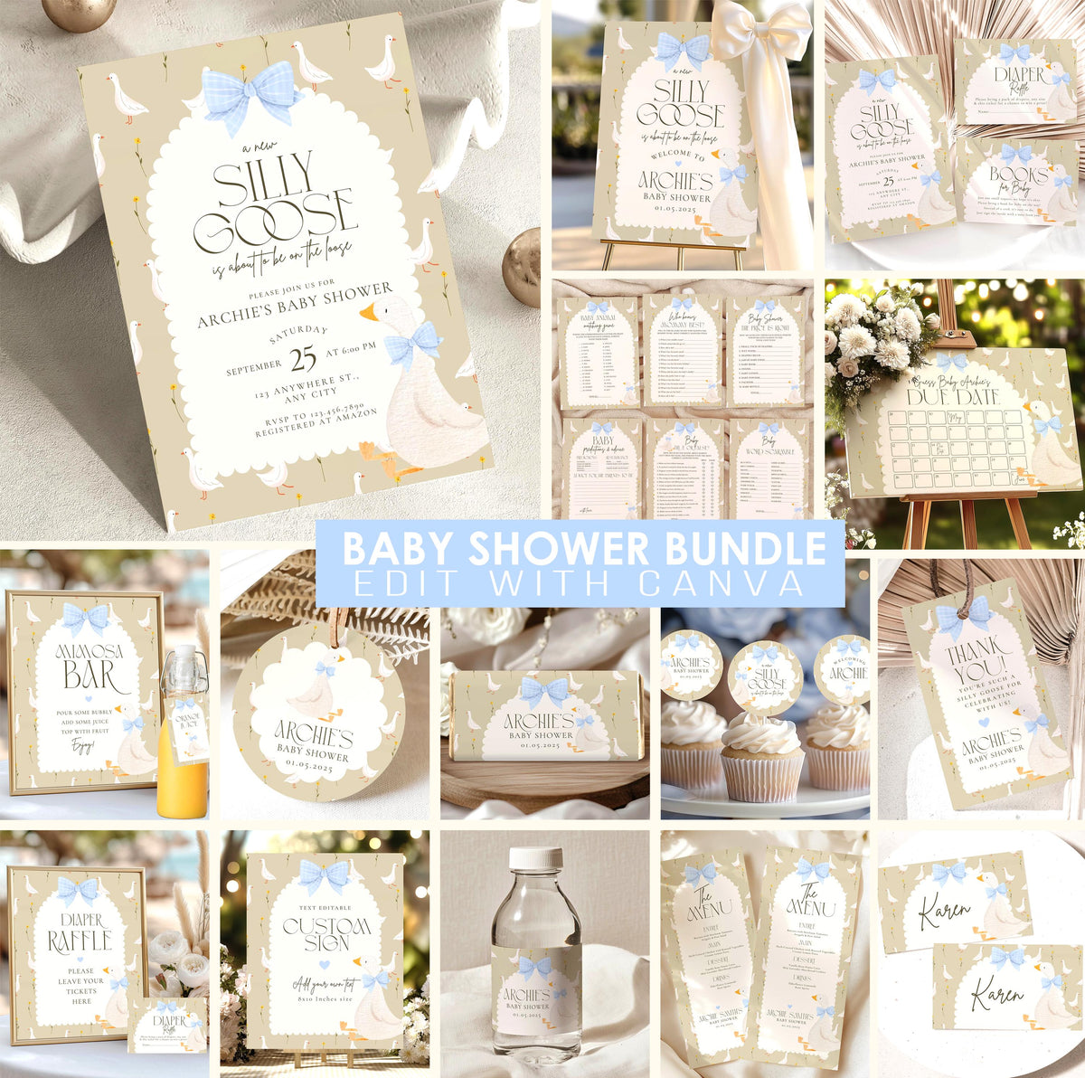 Silly Goose Baby Shower Mega Bundle - Blue Bow Boy Theme - Editable Canva Template Pack