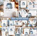 Dusty Blue Pumpkin Boy Baby Shower Mega Bundle - Blue Bow & Greenery - Editable Canva Invitation & Games Pack