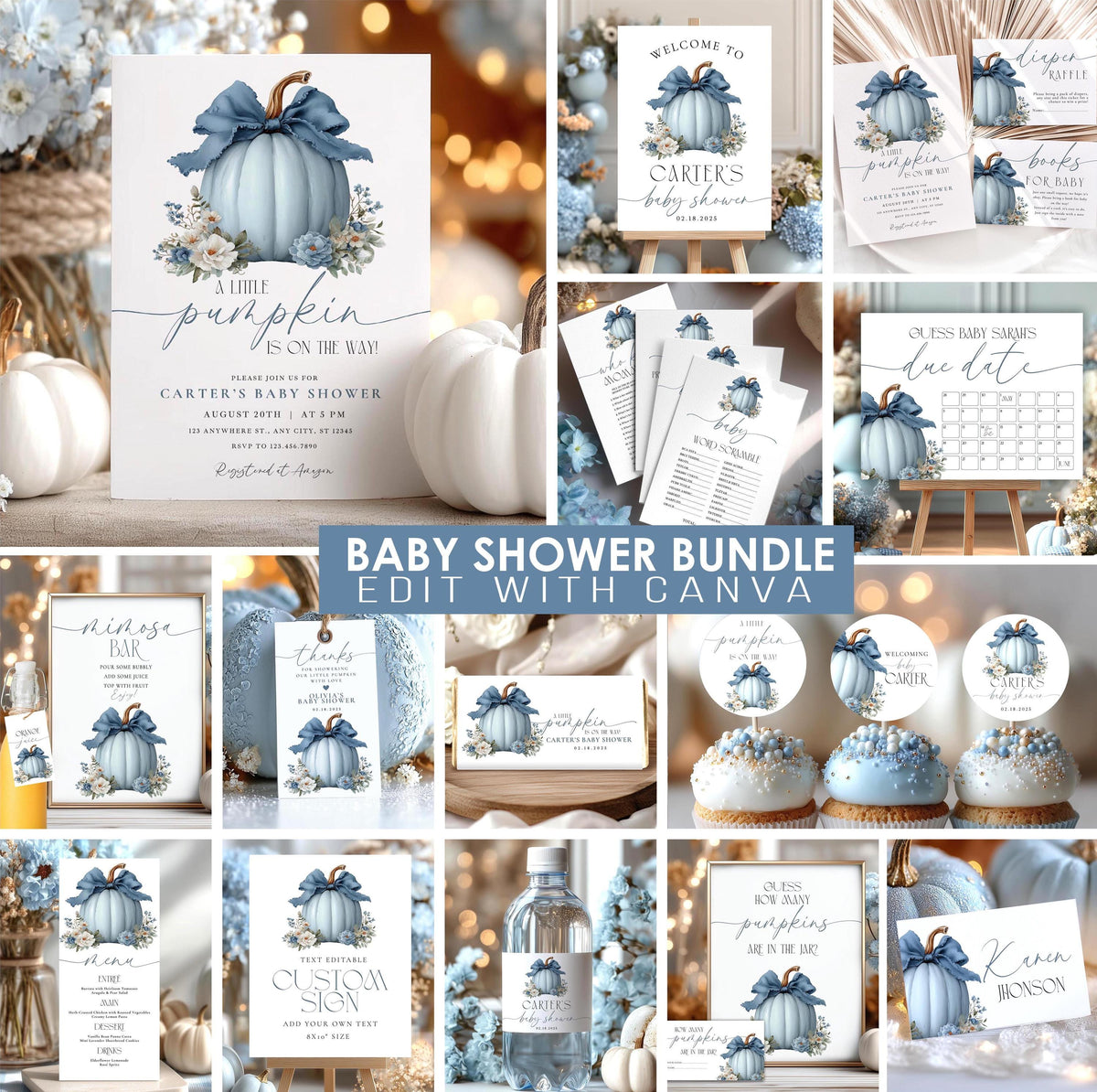 Dusty Blue Pumpkin Boy Baby Shower Mega Bundle - Blue Bow & Greenery - Editable Canva Invitation & Games Pack