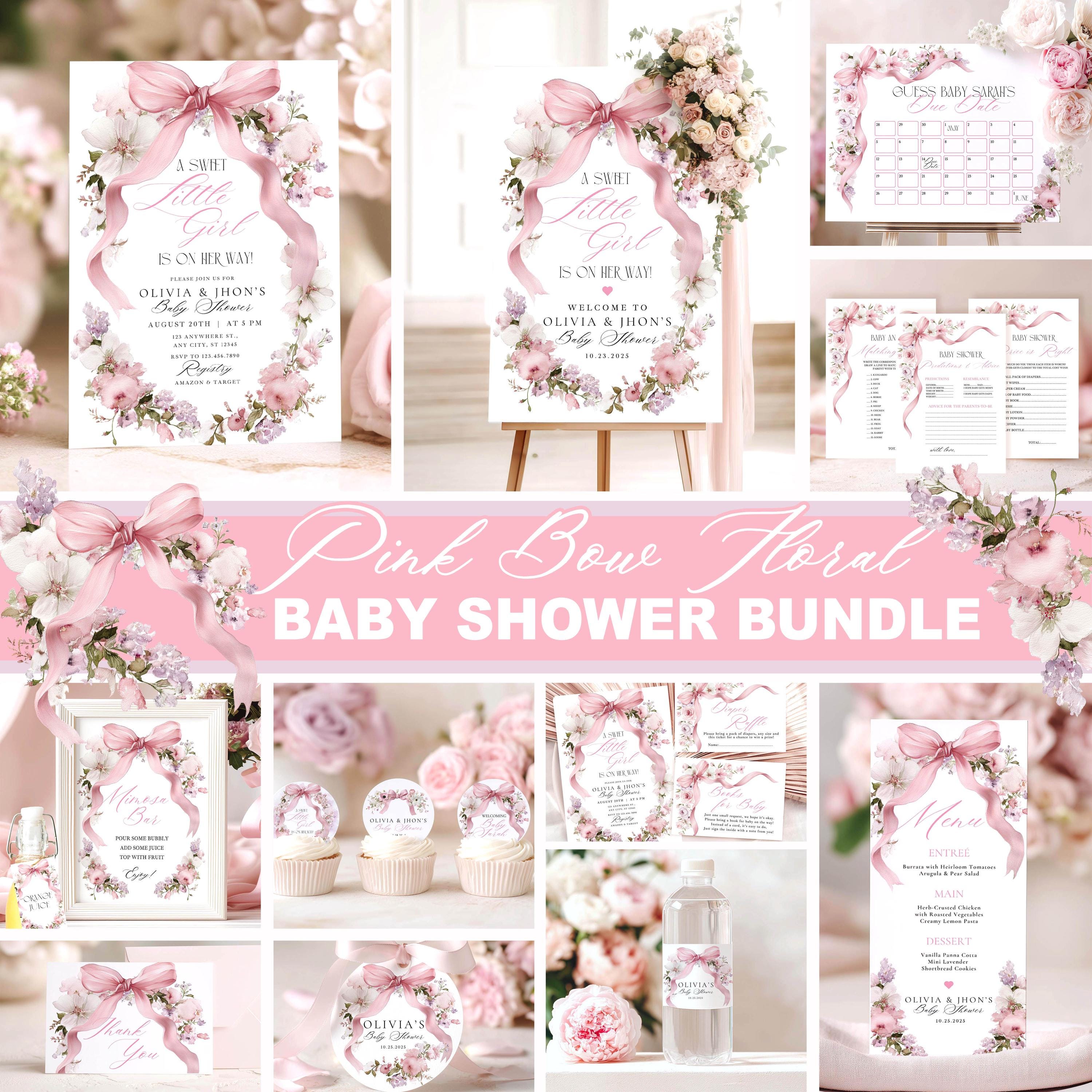 Pink Bow Floral Baby Shower Mega Bundle - Coquette Aesthetic Garden Theme - Editable Canva Invitation & Games Pack