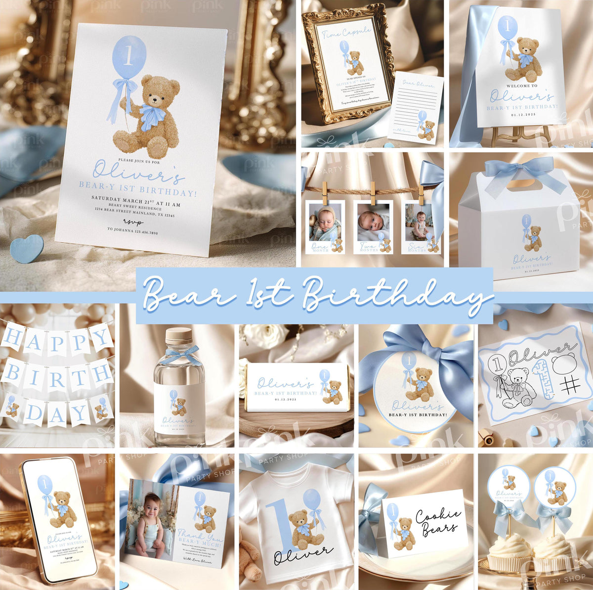 Blue Bear 1st Birthday Mega Bundle - Editable Canva Templates - Boy First Birthday Party Decor
